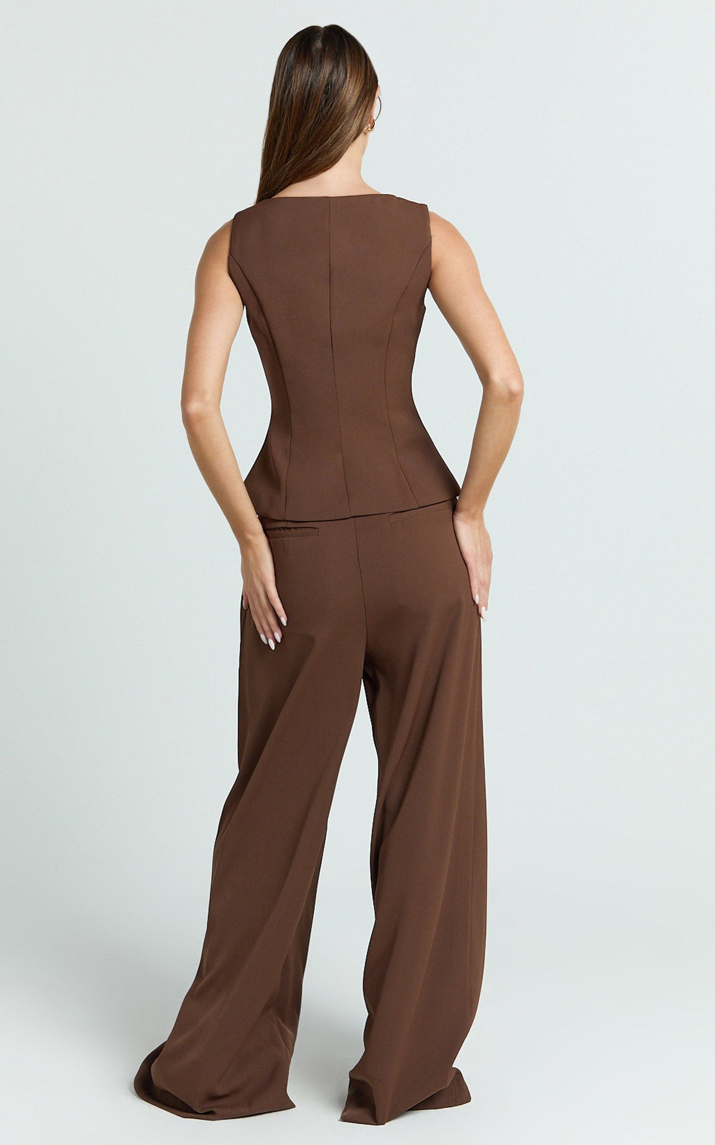 Xandria Pants - Low Rise Double Pleated Wide Leg Pants in Brown