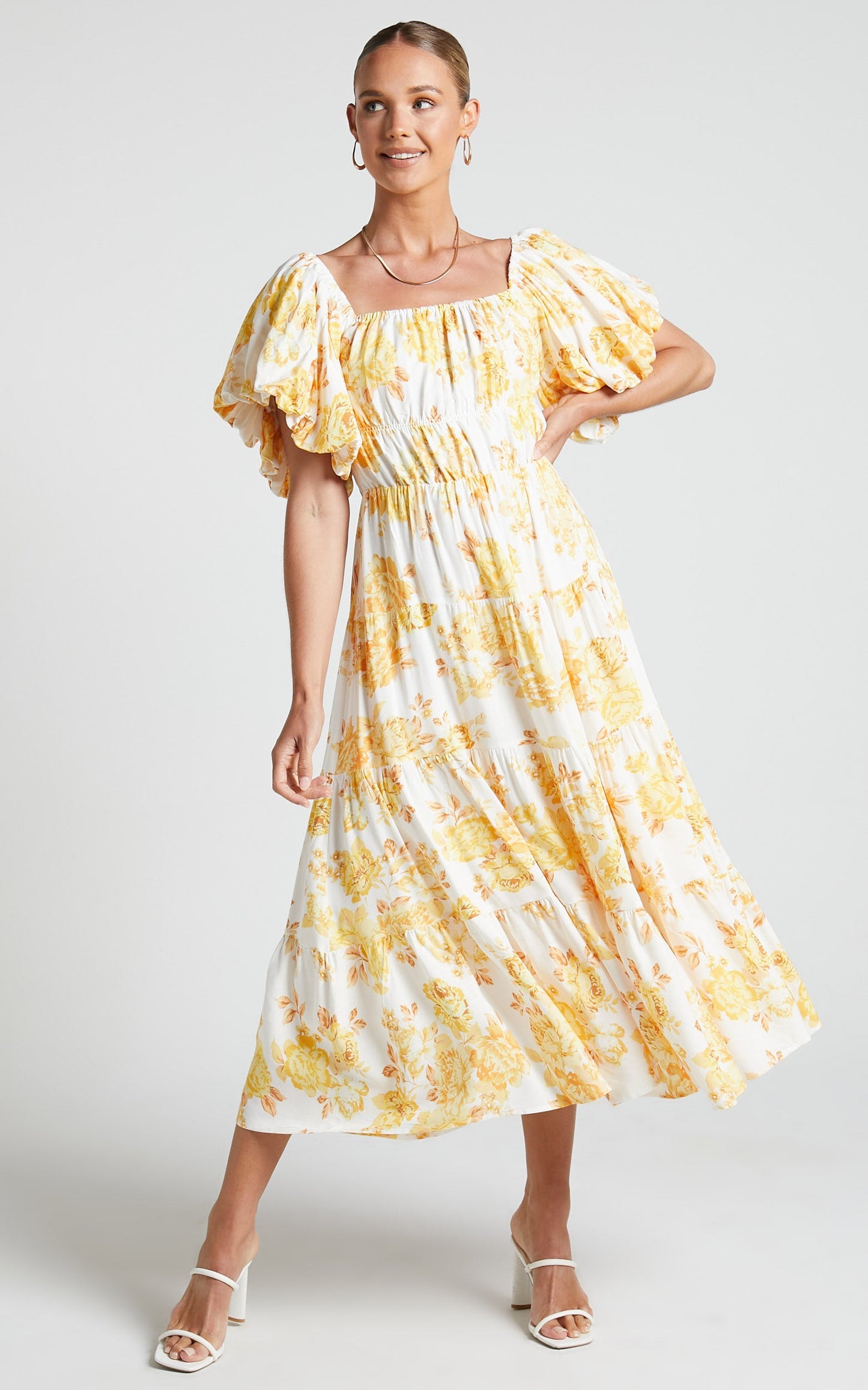 Xandria Maxi Dress - Puff Sleeve Square Neck Tiered Dress in Yellow Floral