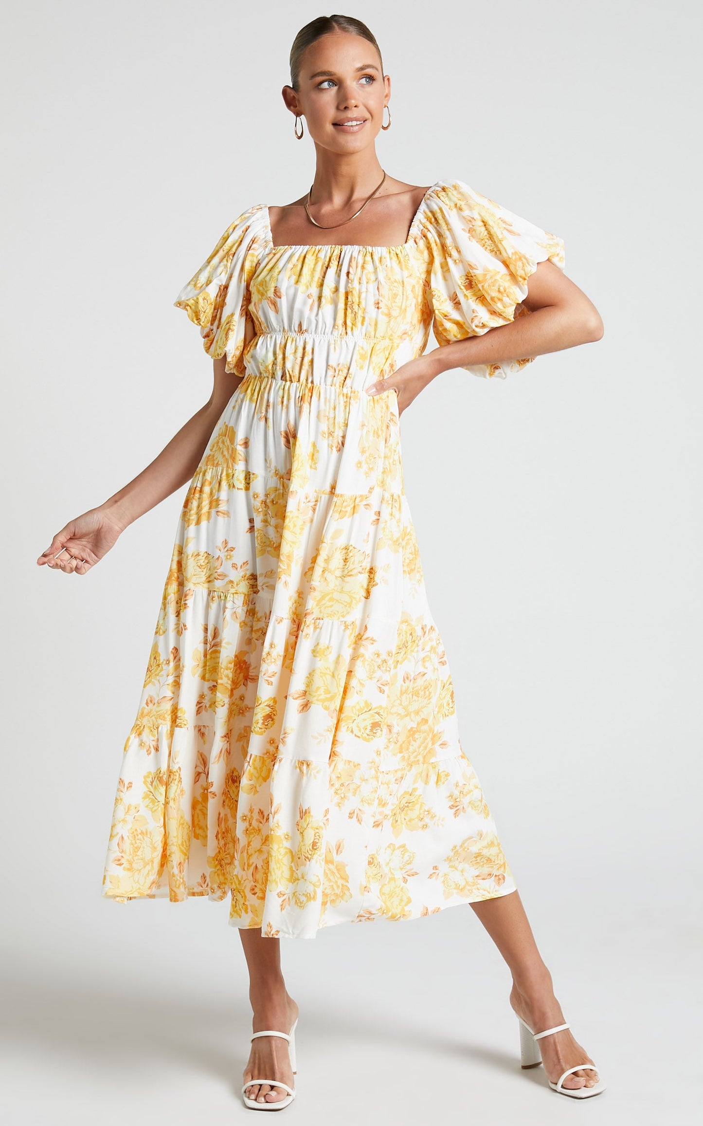 Xandria Maxi Dress - Puff Sleeve Square Neck Tiered Dress in Yellow Floral
