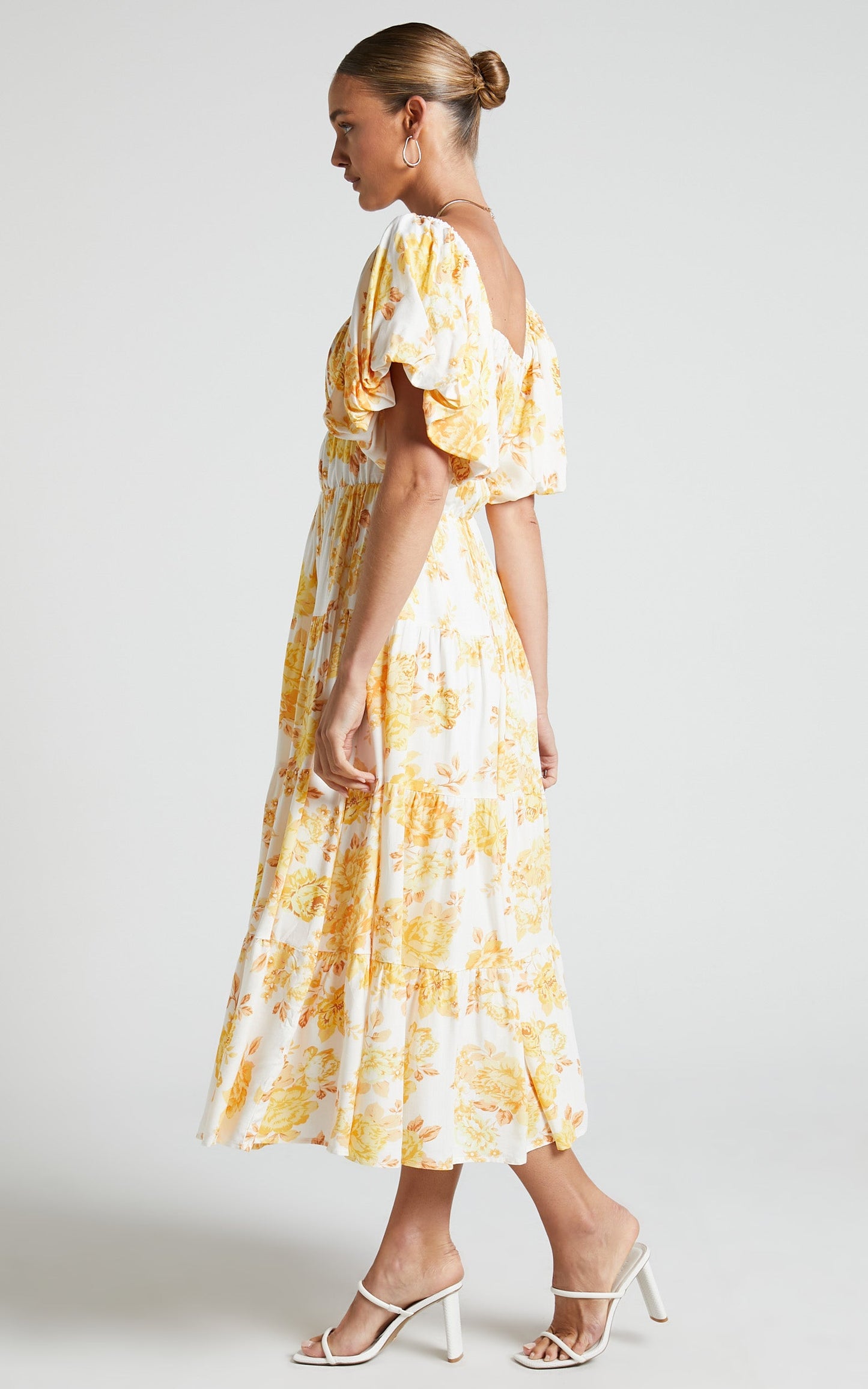 Xandria Maxi Dress - Puff Sleeve Square Neck Tiered Dress in Yellow Floral