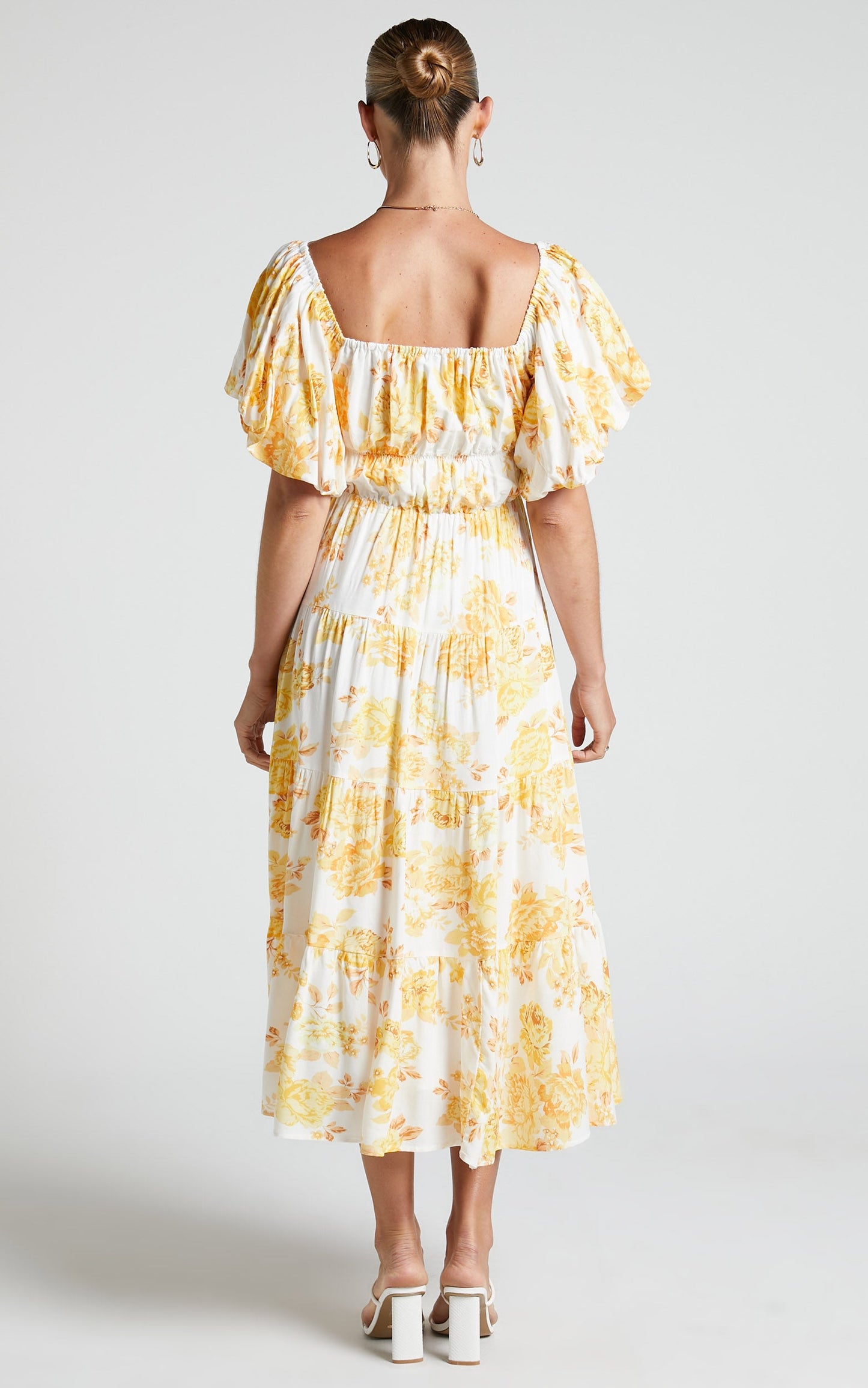 Xandria Maxi Dress - Puff Sleeve Square Neck Tiered Dress in Yellow Floral