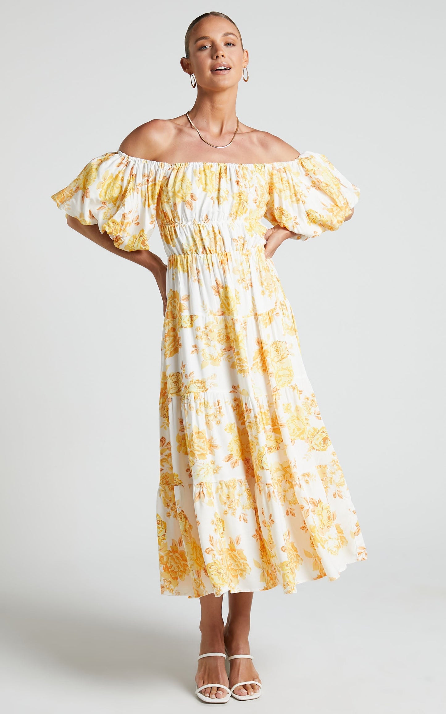 Xandria Maxi Dress - Puff Sleeve Square Neck Tiered Dress in Yellow Floral