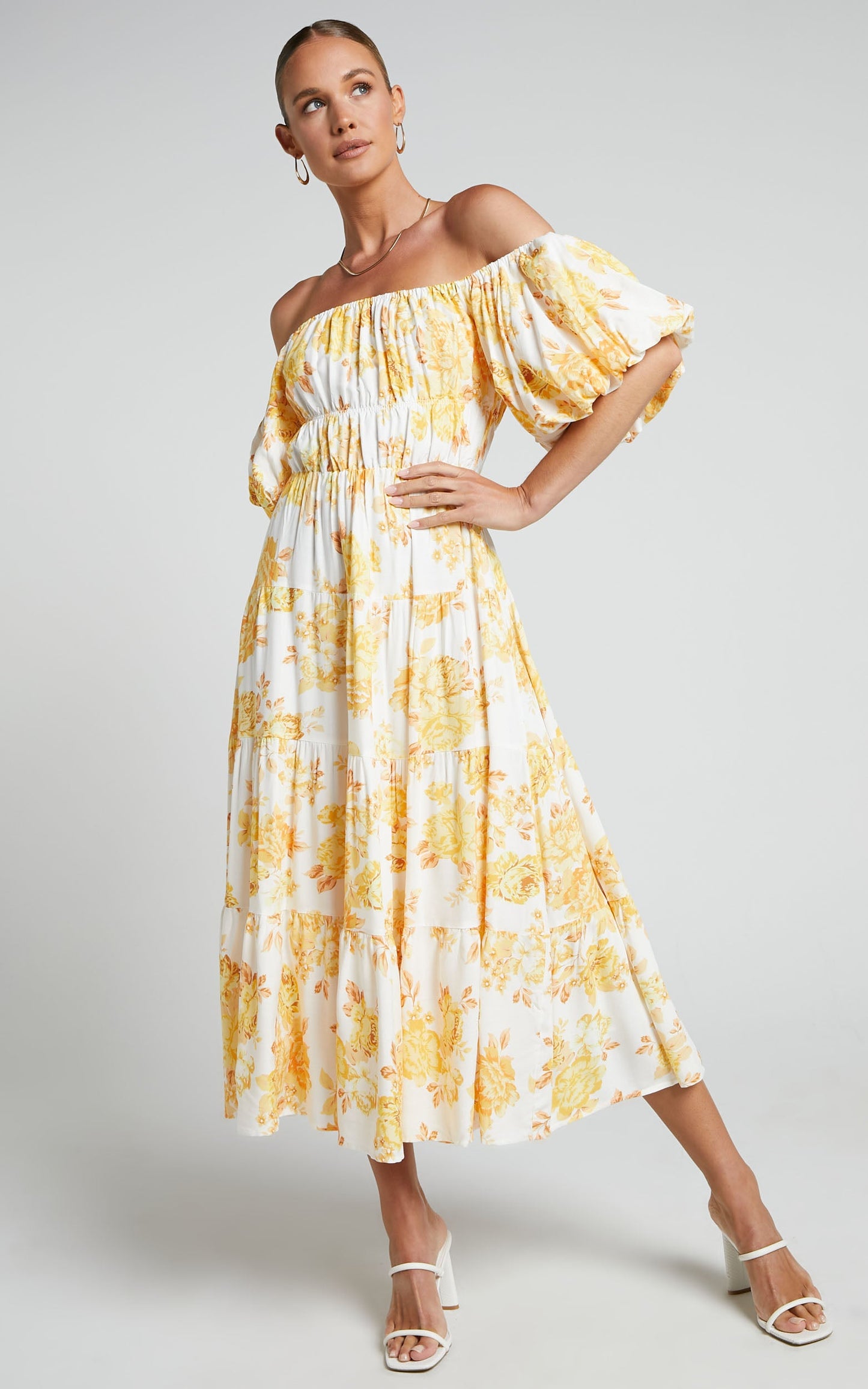 Xandria Maxi Dress - Puff Sleeve Square Neck Tiered Dress in Yellow Floral