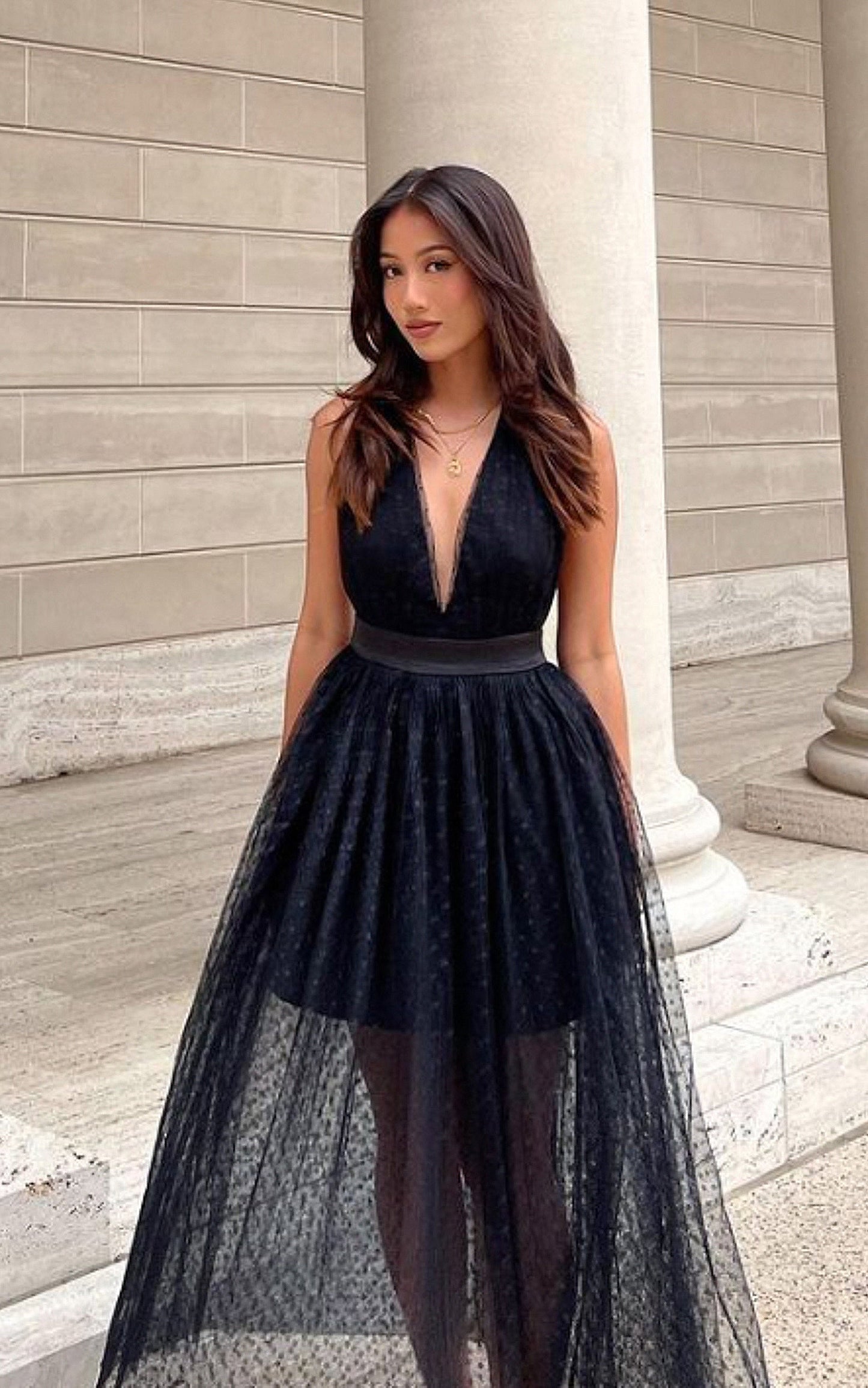 Xenia Midi Dress - Plunge Tulle Dress in Black