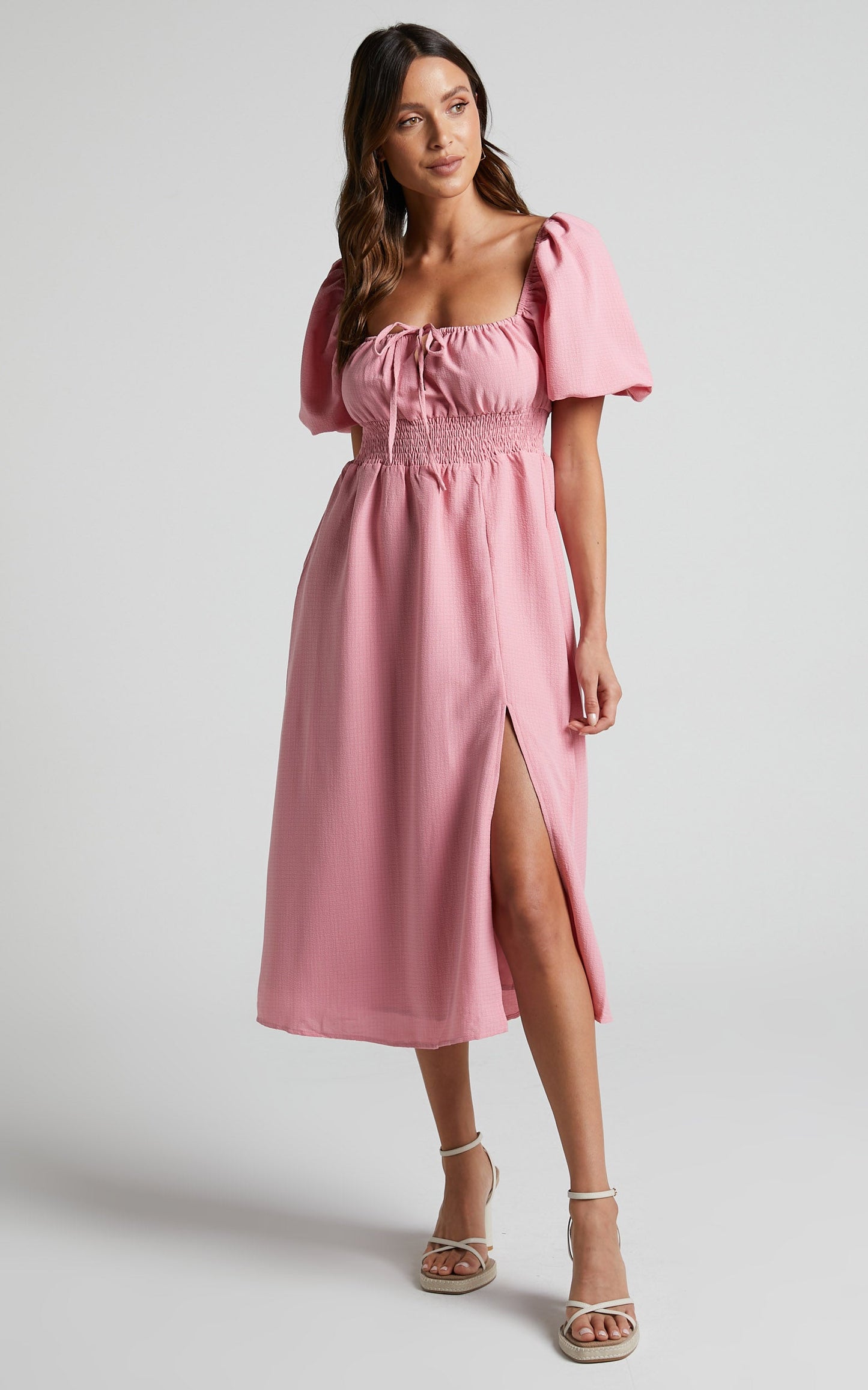 Yanet Midi Dress - Shirred Puff Sleeve Dress in Dusty Pink