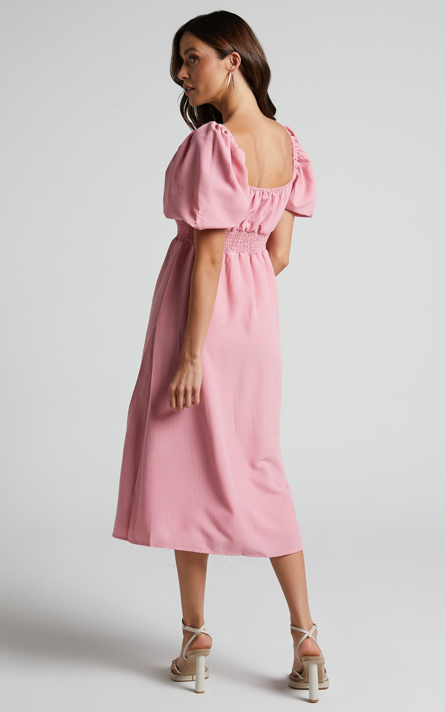 Yanet Midi Dress - Shirred Puff Sleeve Dress in Dusty Pink