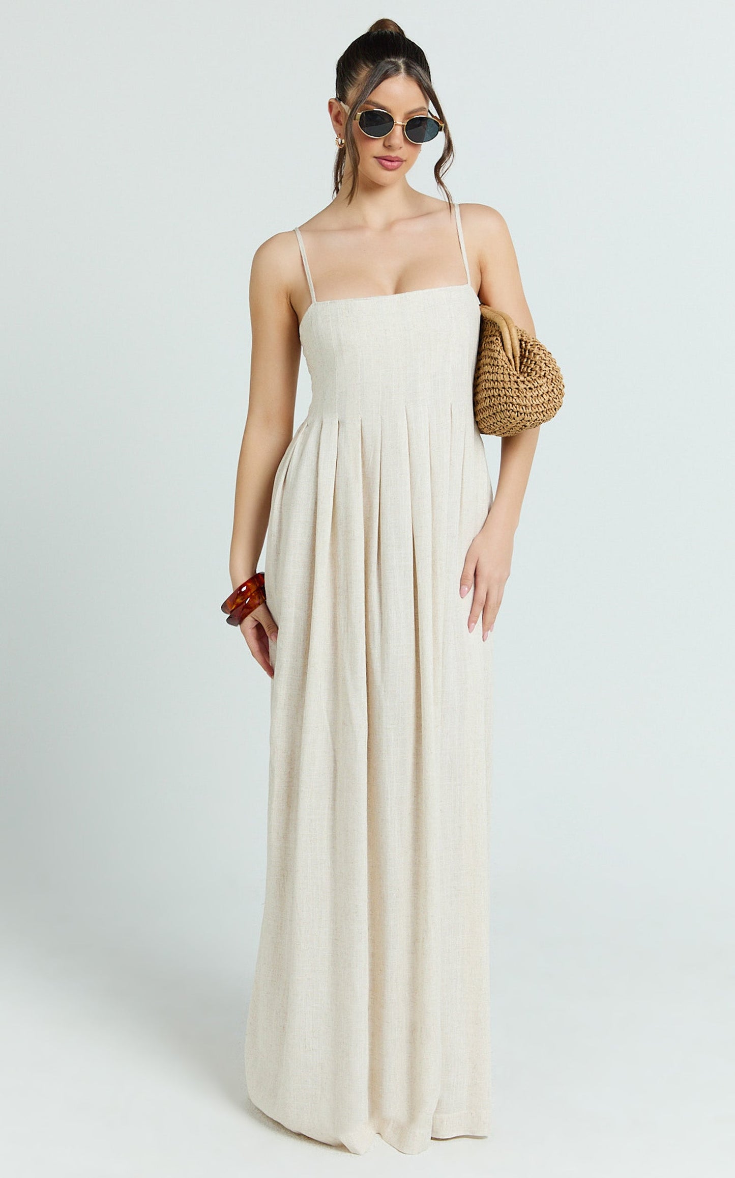 Yanna Midi Dress - Square Neckline Pleated Dress in Beige