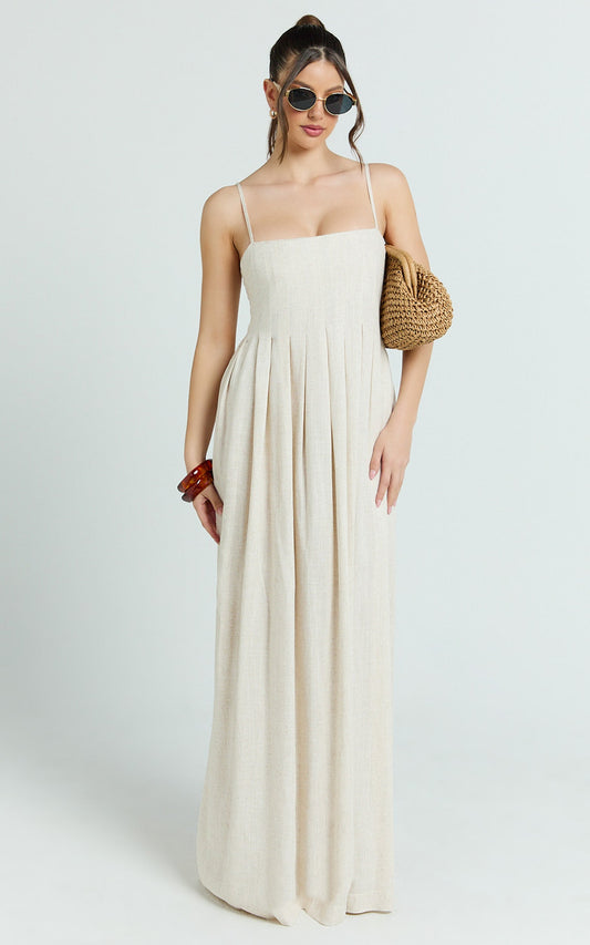 Yanna Midi Dress - Square Neckline Pleated Dress in Beige