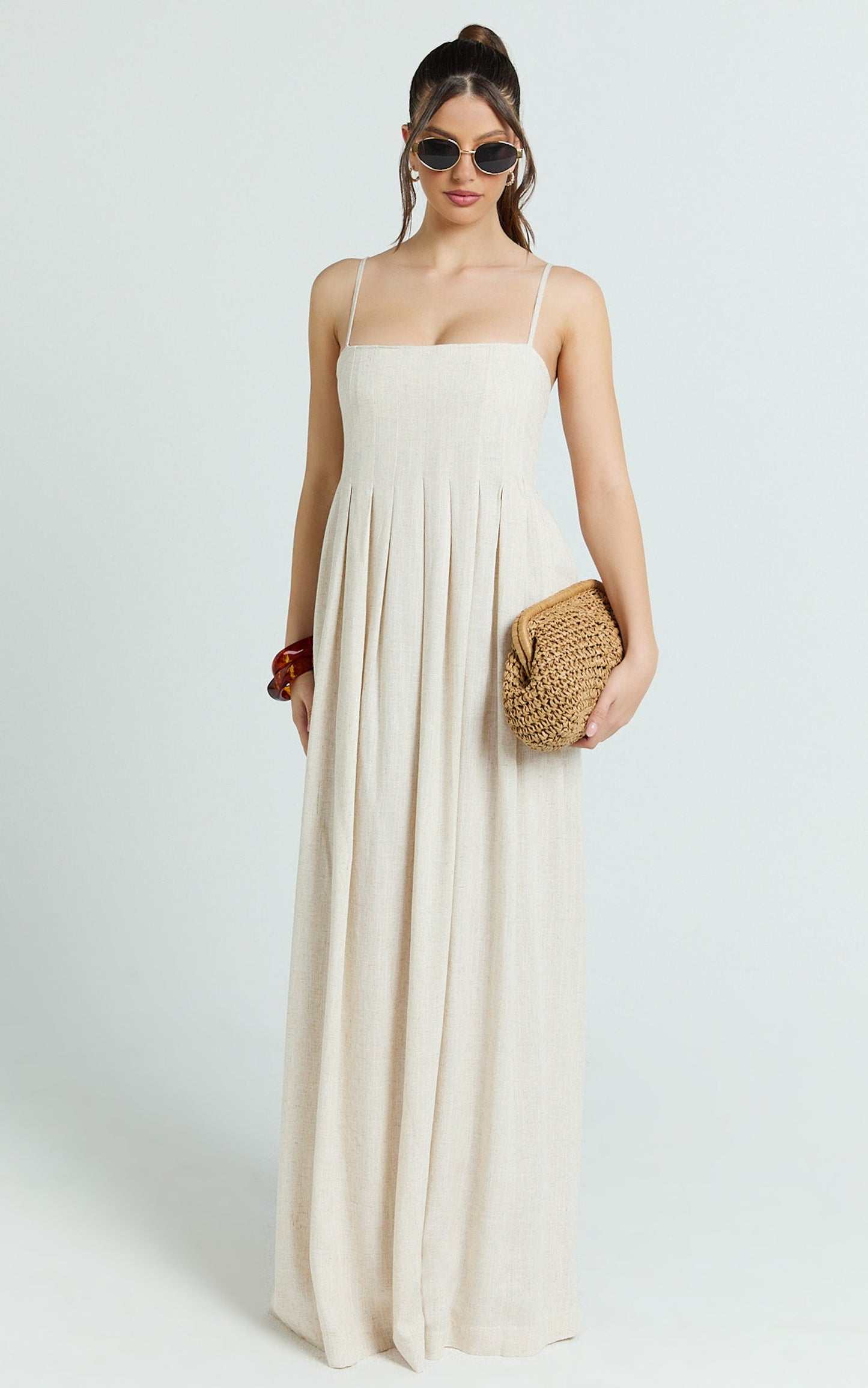 Yanna Midi Dress - Square Neckline Pleated Dress in Beige