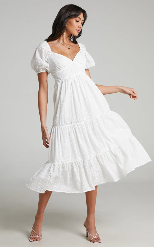 Yanny puff Sleeve Midi Dress with Shirred bust in White
