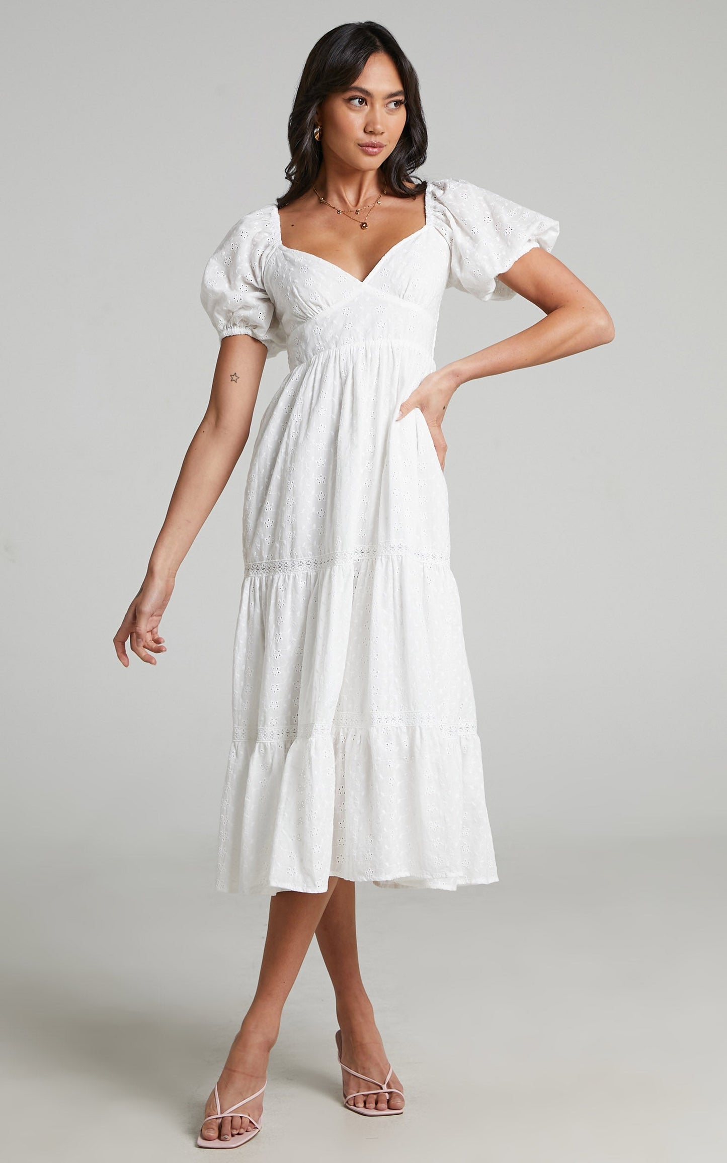 Yanny puff Sleeve Midi Dress with Shirred bust in White