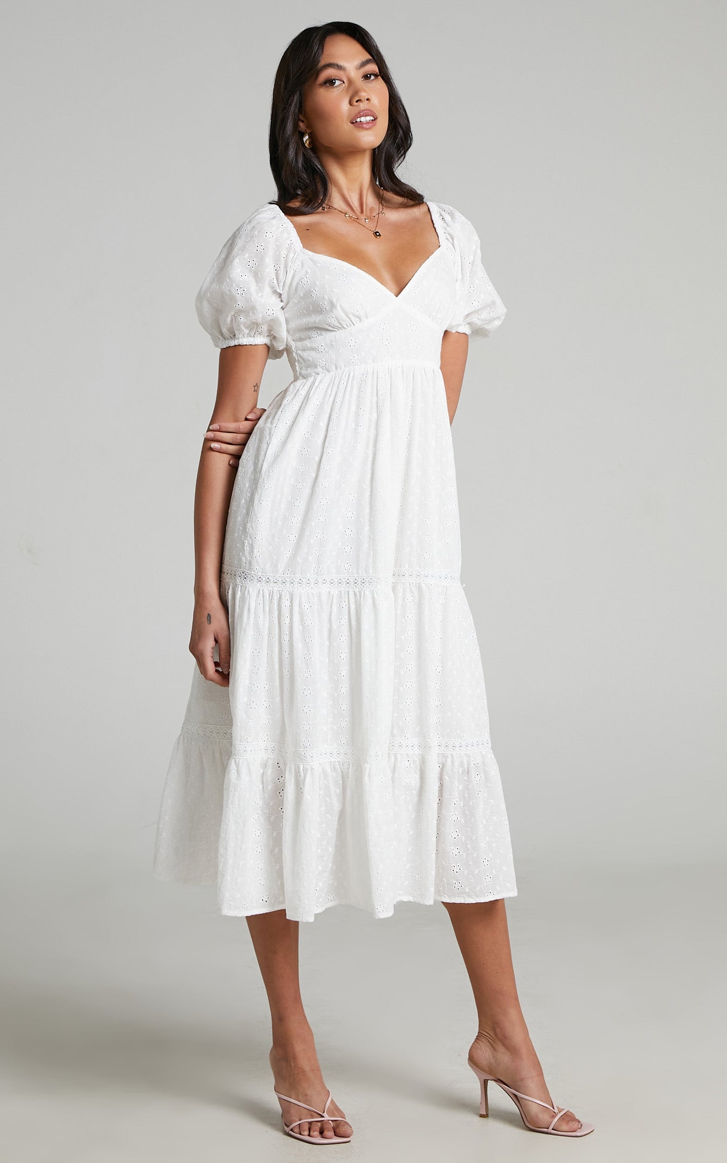Yanny puff Sleeve Midi Dress with Shirred bust in White