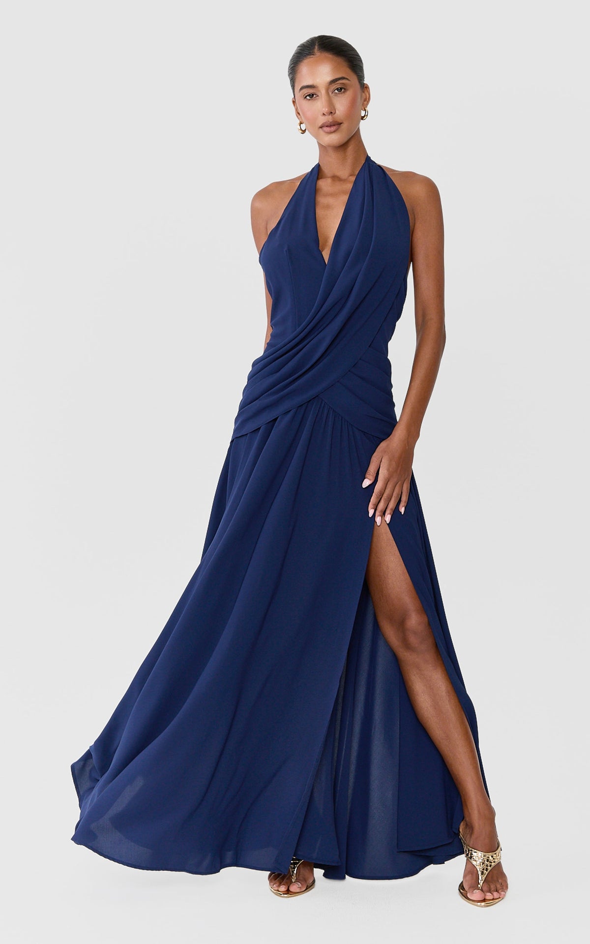 Yara Maxi Dress - Draped Halter Neck Backless Dress in Navy