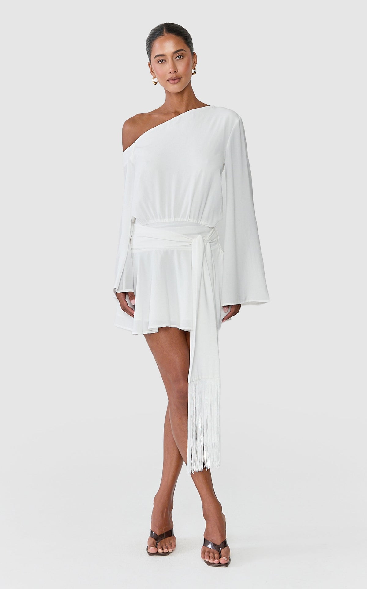 Yara Mini Dress - Off Shoulder Long Sleeve Dress With Fringe Trim Belt in Off White