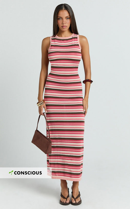 Yasmine Maxi Dress - Boat Neck Backless Stripe Knit Stripe Dress in Multi