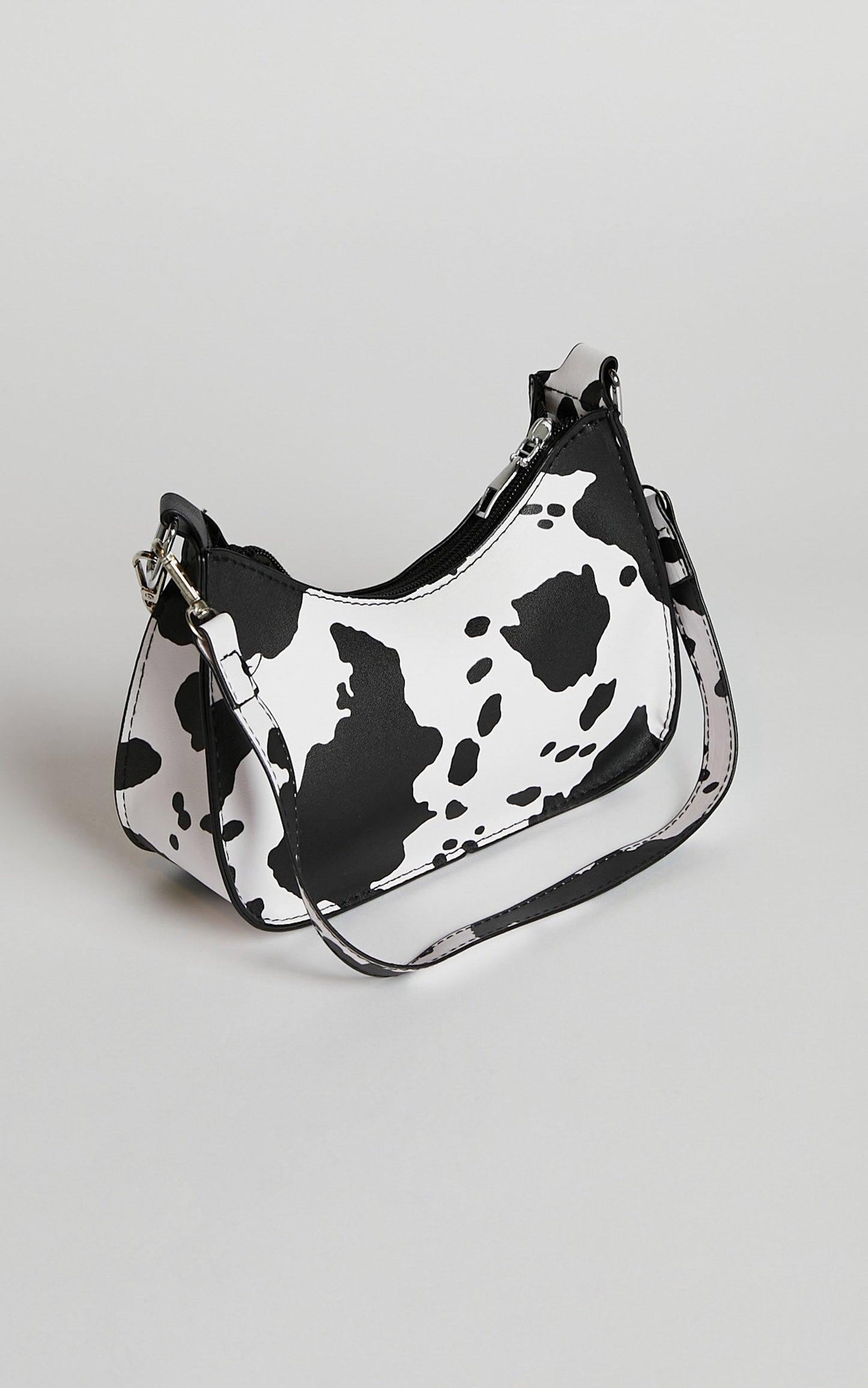 Yassey Silver Chain Strap Shoulder Bag in Black/White Cow Print