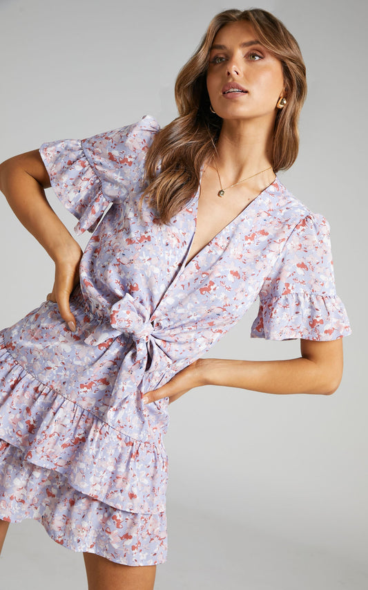 Yazmina Tie Front Printed Mini Dress in Lilac Floral