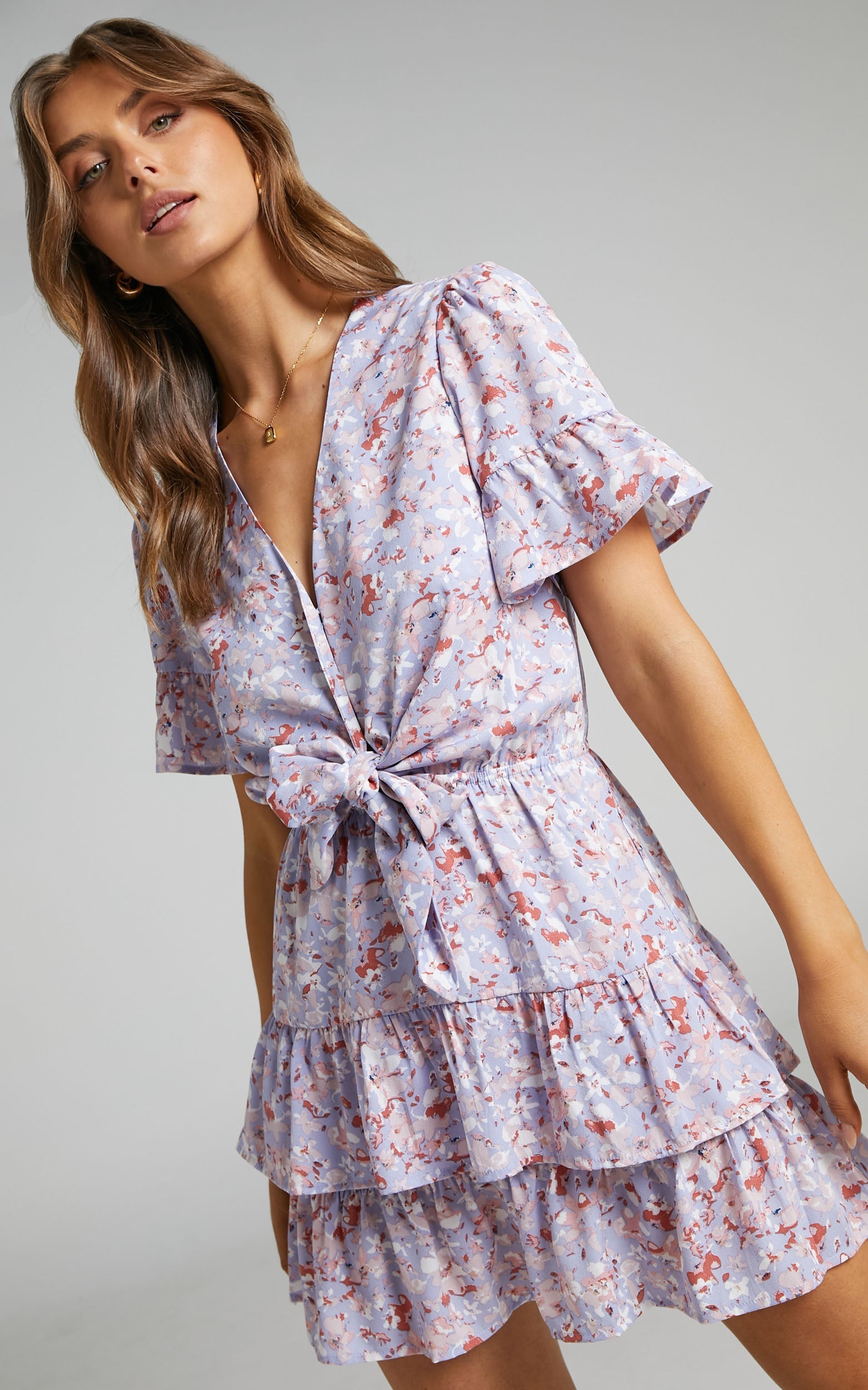 Yazmina Tie Front Printed Mini Dress in Lilac Floral