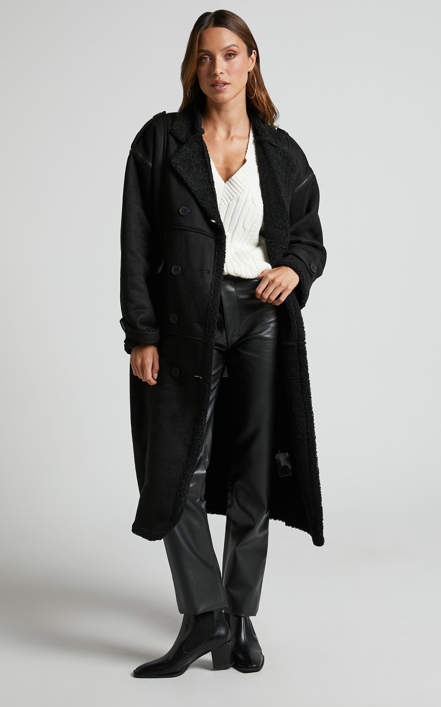 Yelena Coat - Vegan Suede Long Line Coat in Black