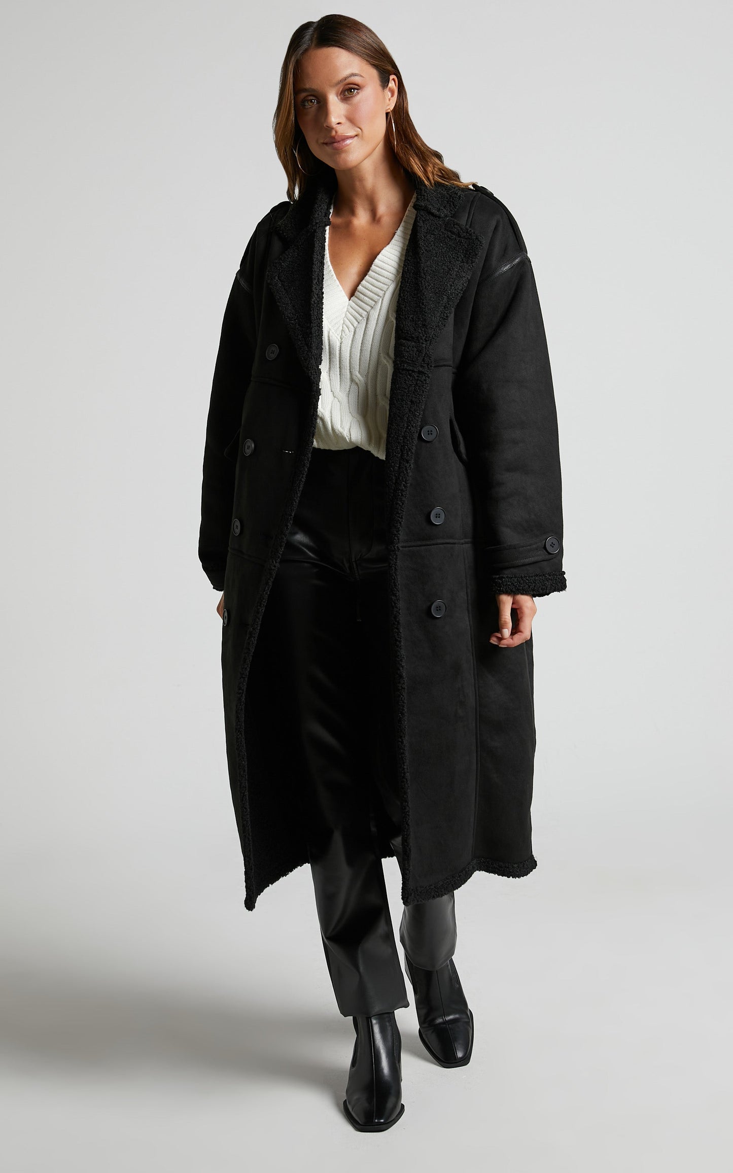 Yelena Coat - Vegan Suede Long Line Coat in Black