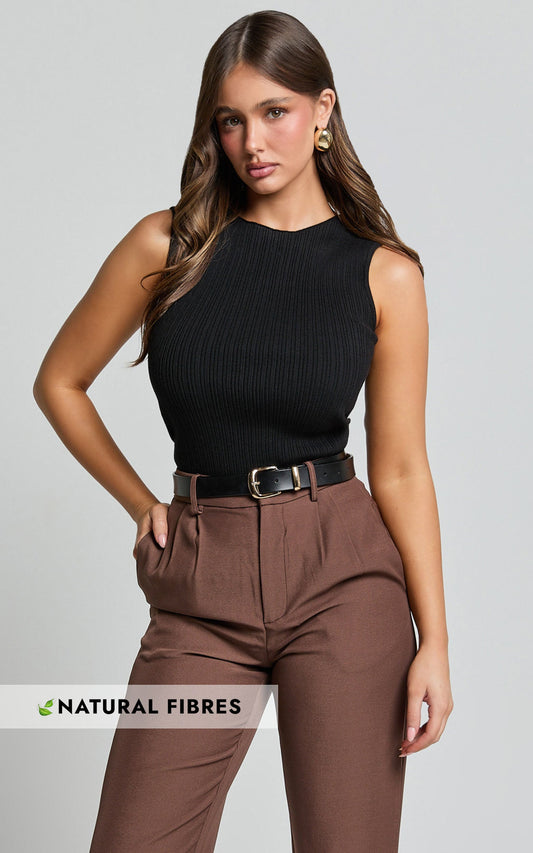 Yelena Top - Cotton Ribbed Sleeveless Tank in Black