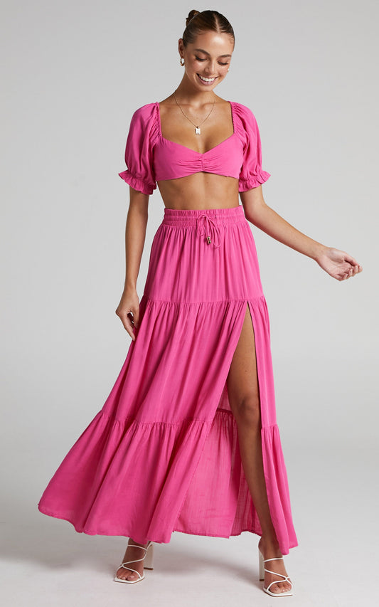 Yesha Puff Sleeve Crop Top and Tiered Midi Skirt Two Piece Set in Hot Pink