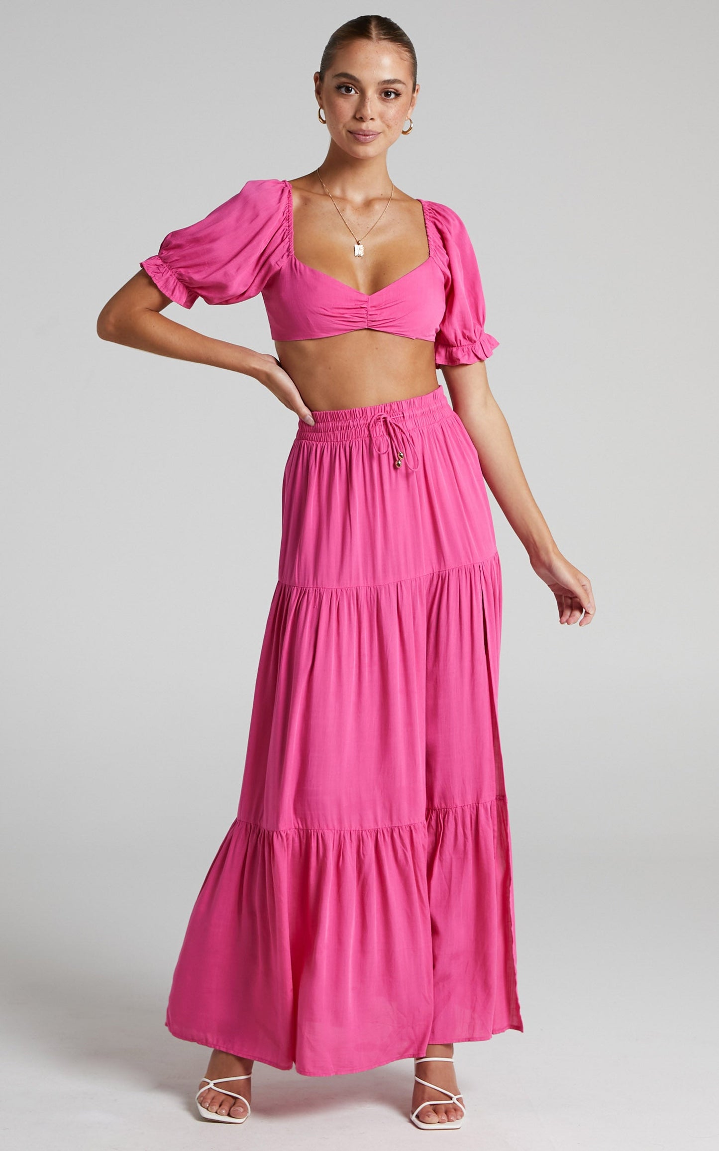 Yesha Puff Sleeve Crop Top and Tiered Midi Skirt Two Piece Set in Hot Pink