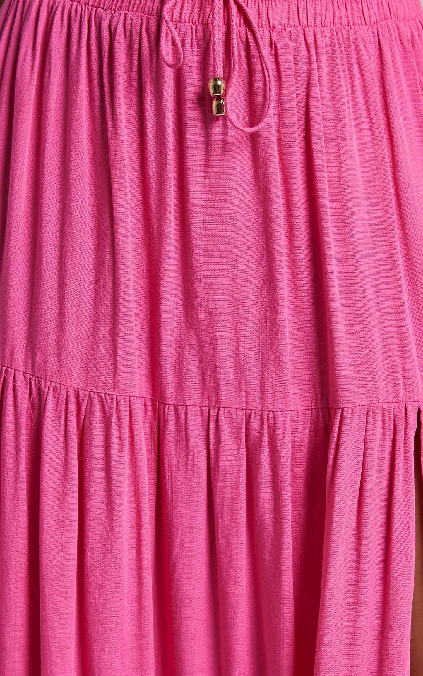 Yesha Puff Sleeve Crop Top and Tiered Midi Skirt Two Piece Set in Hot Pink