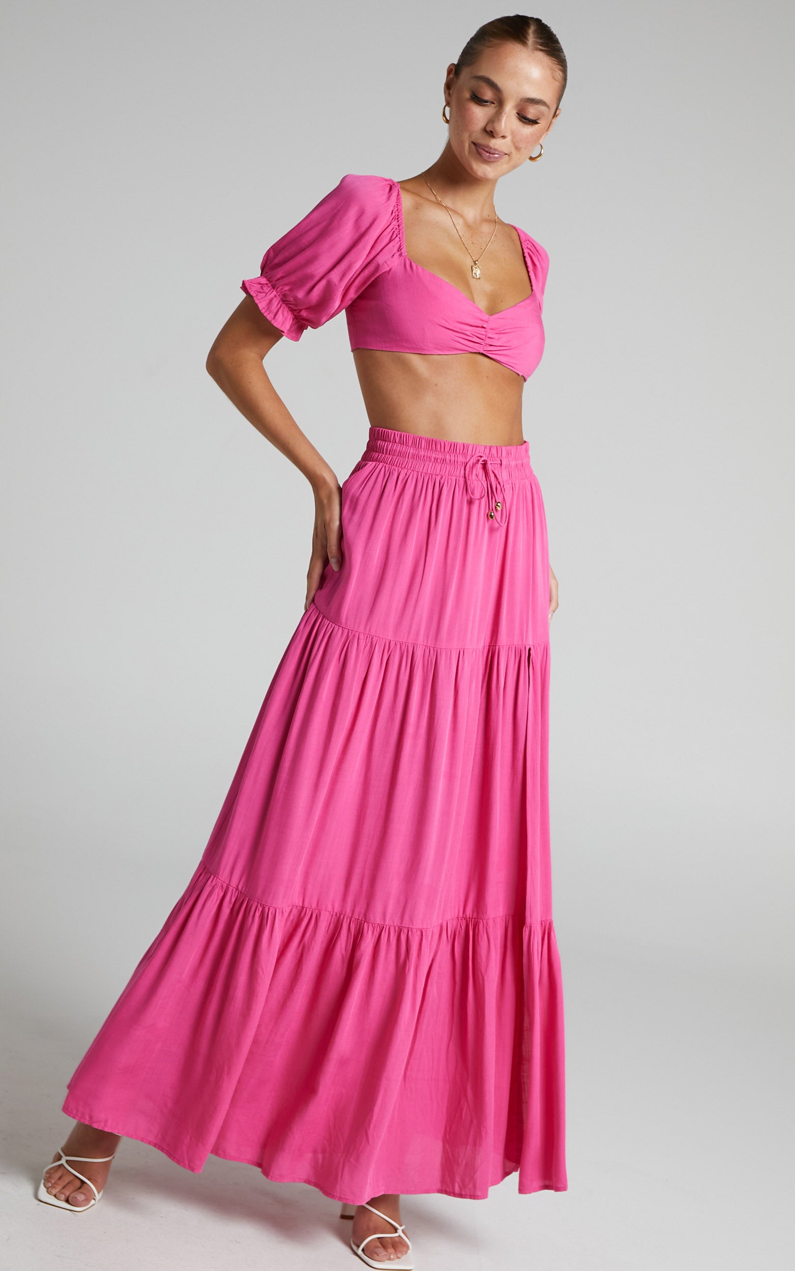 Yesha Puff Sleeve Crop Top and Tiered Midi Skirt Two Piece Set in Hot Pink