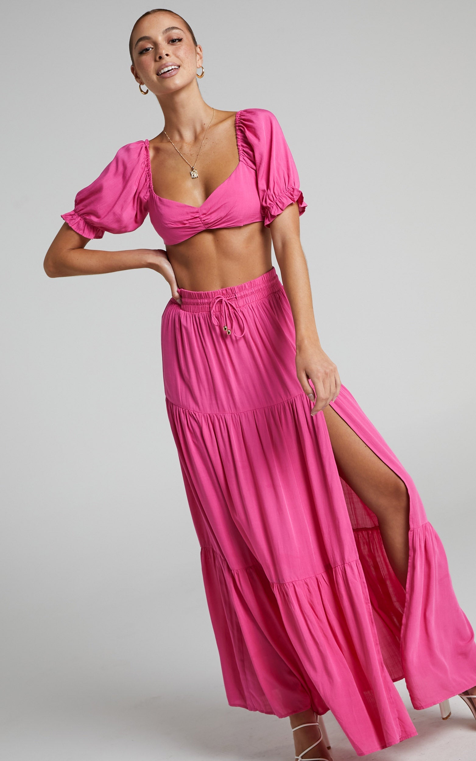Yesha Puff Sleeve Crop Top and Tiered Midi Skirt Two Piece Set in Hot Pink