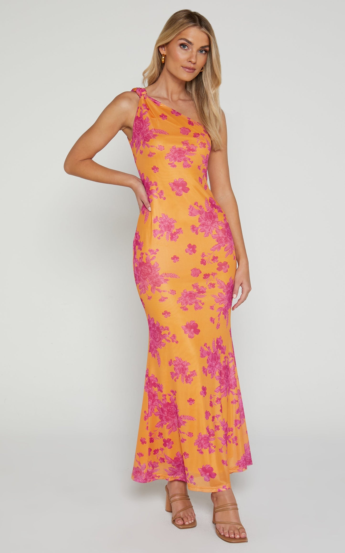 Yohanies Midi Dress - One Shoulder Twist Dress in Orange Floral