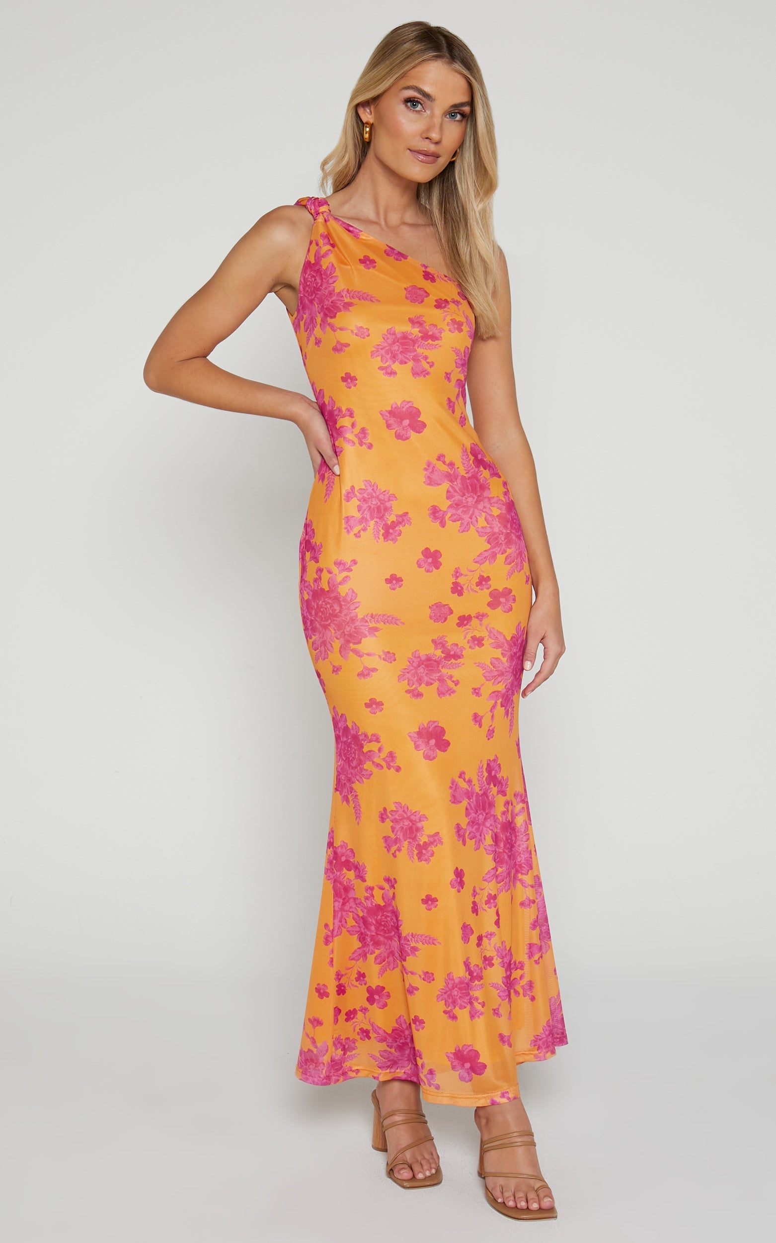Yohanies Midi Dress - One Shoulder Twist Dress in Orange Floral