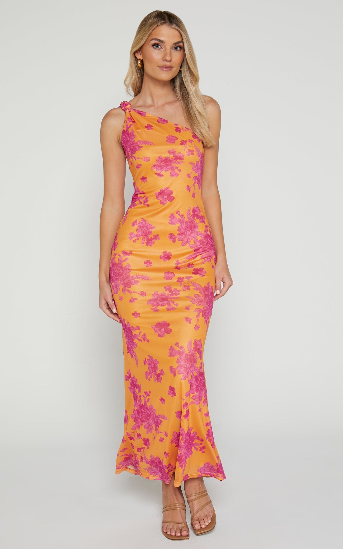 Yohanies Midi Dress - One Shoulder Twist Dress in Orange Floral