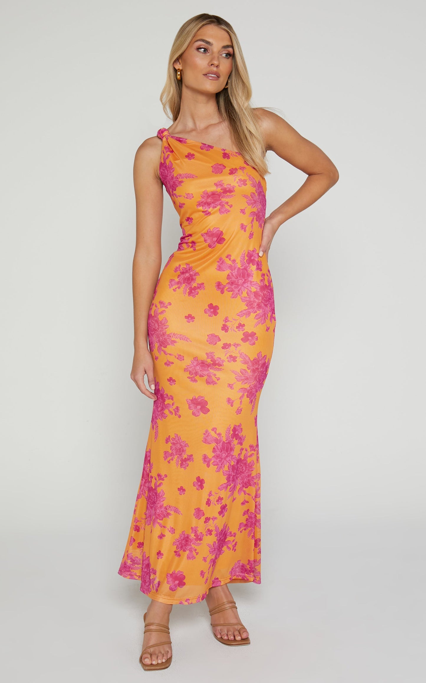 Yohanies Midi Dress - One Shoulder Twist Dress in Orange Floral
