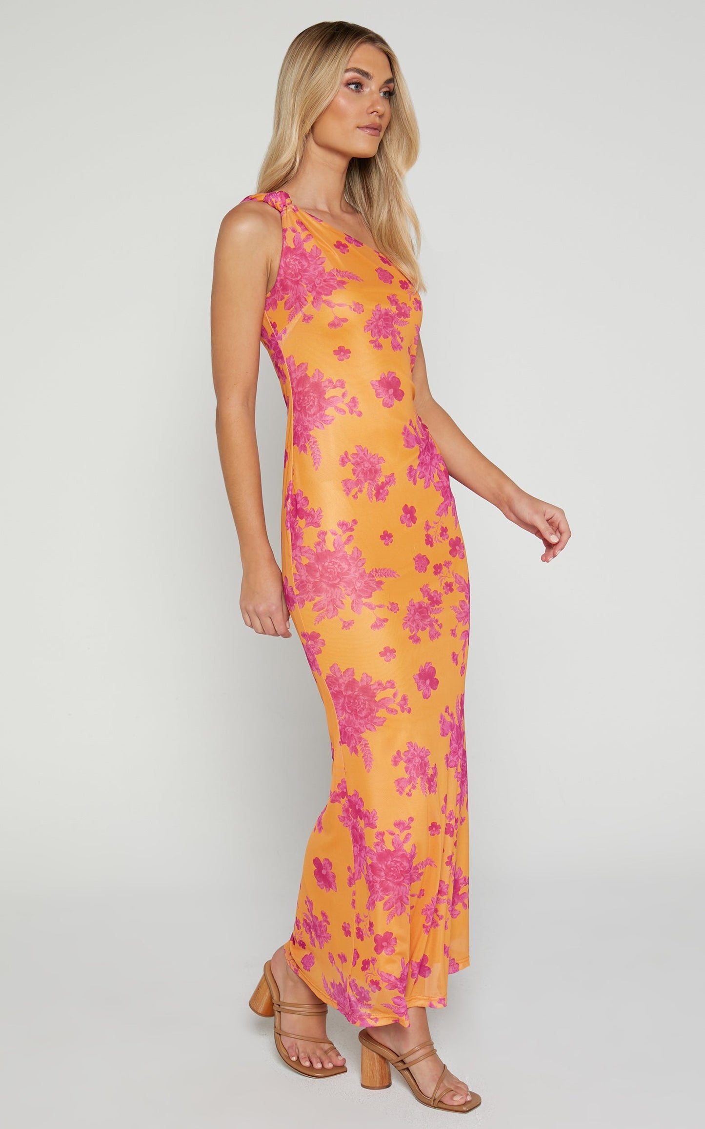 Yohanies Midi Dress - One Shoulder Twist Dress in Orange Floral