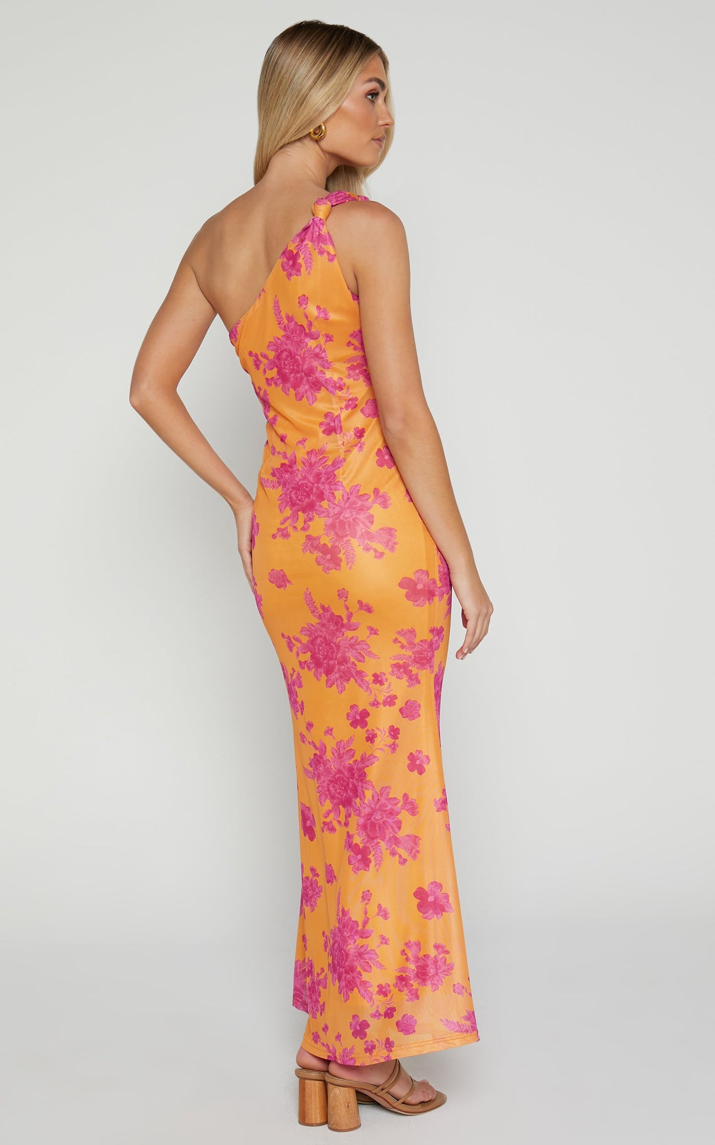 Yohanies Midi Dress - One Shoulder Twist Dress in Orange Floral
