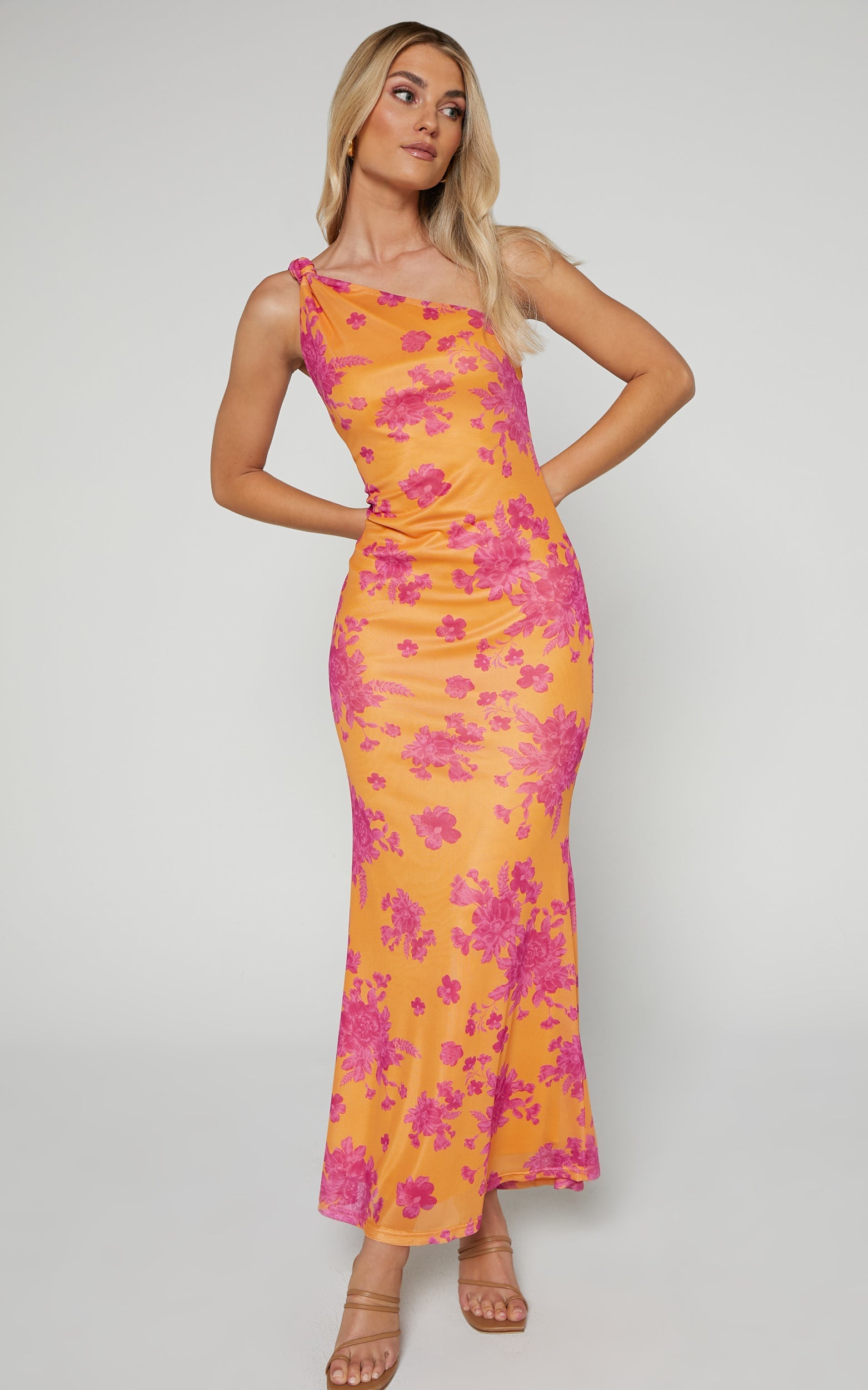 Yohanies Midi Dress - One Shoulder Twist Dress in Orange Floral