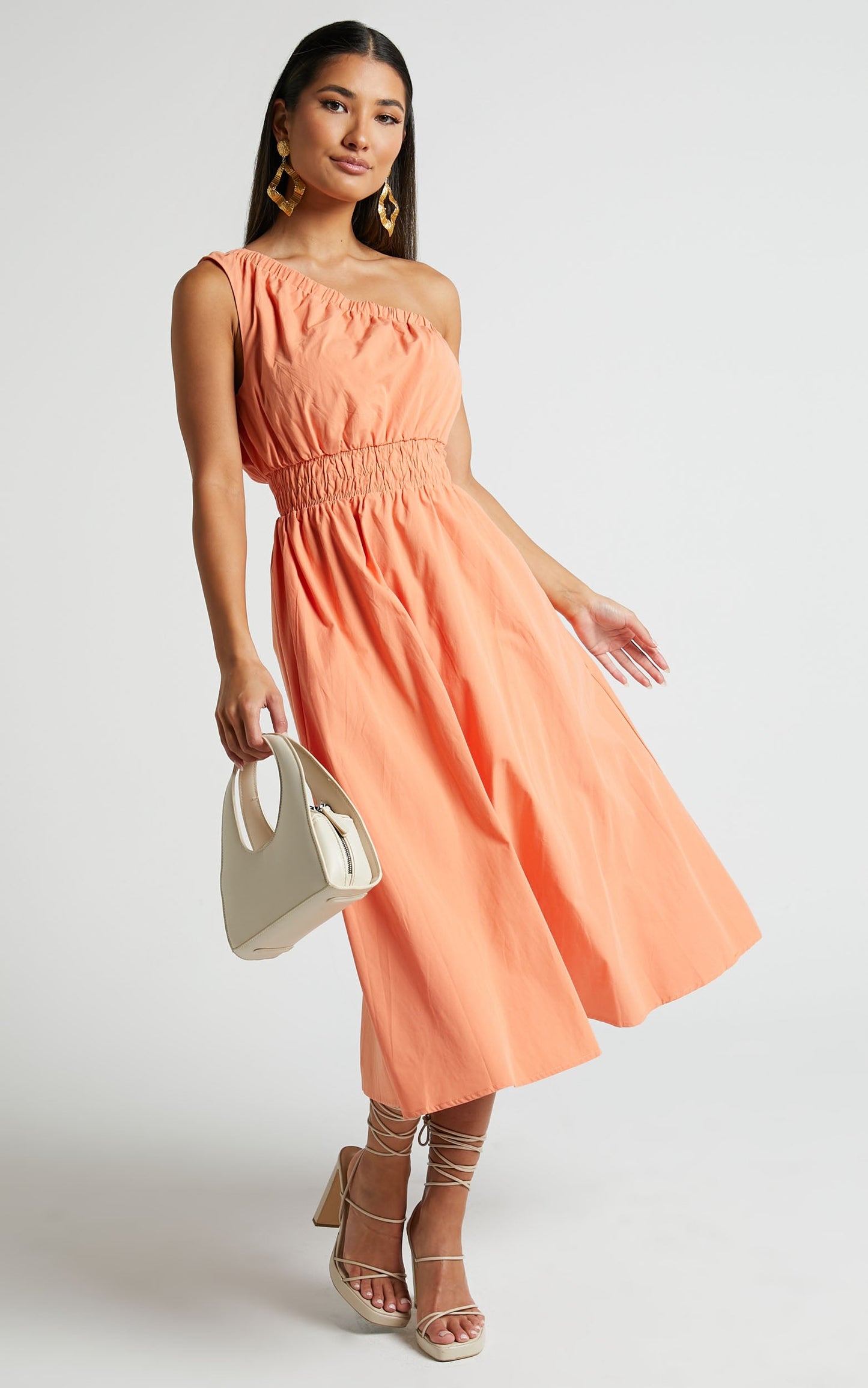 Yulia Midi Dress - One Shoulder Shirred Waist Dress in Orange