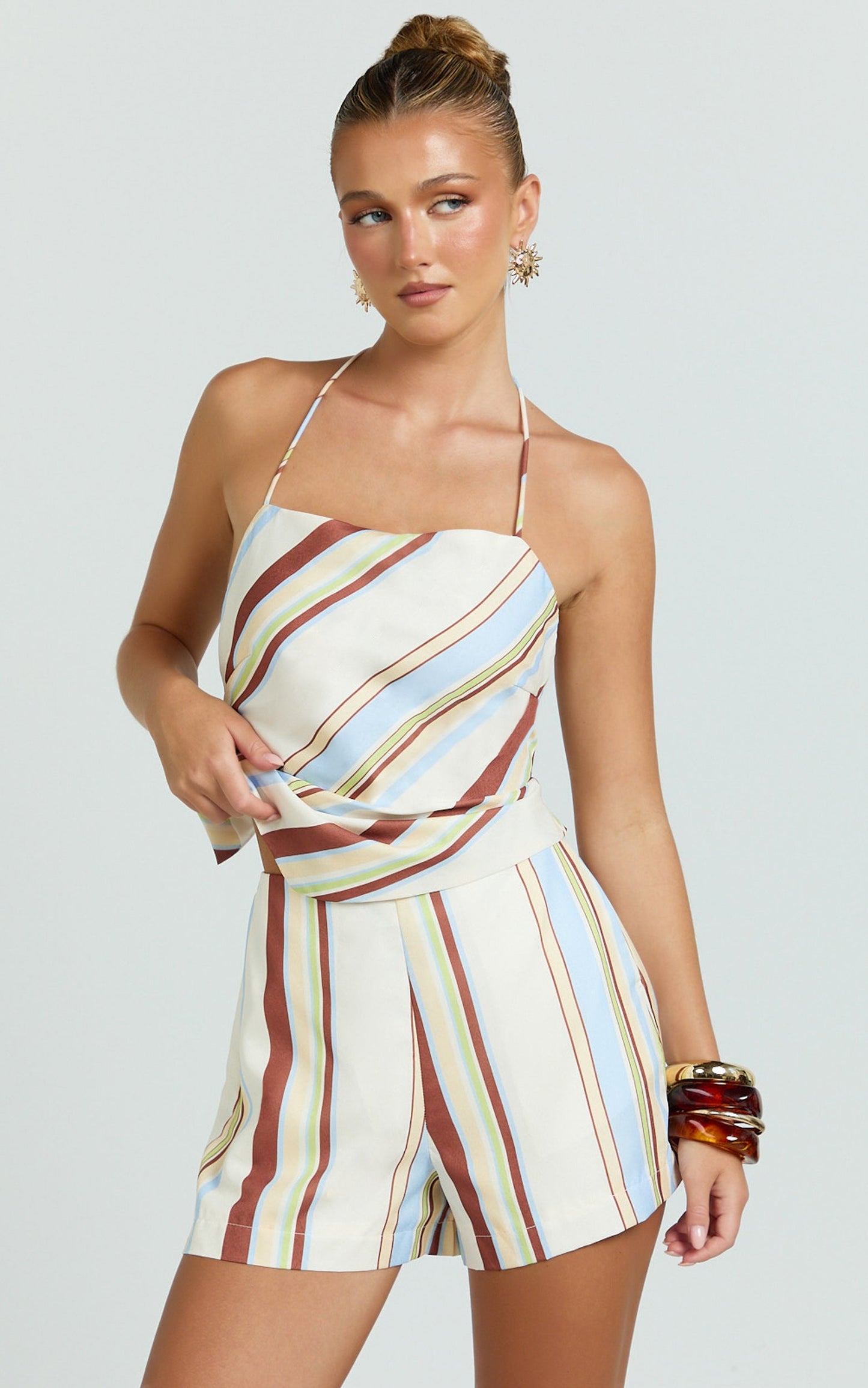 Yuri Two Piece Top and Shorts Set - Stripe Print Halter Top And Tailored Shorts Set in Choco Retro Stripe