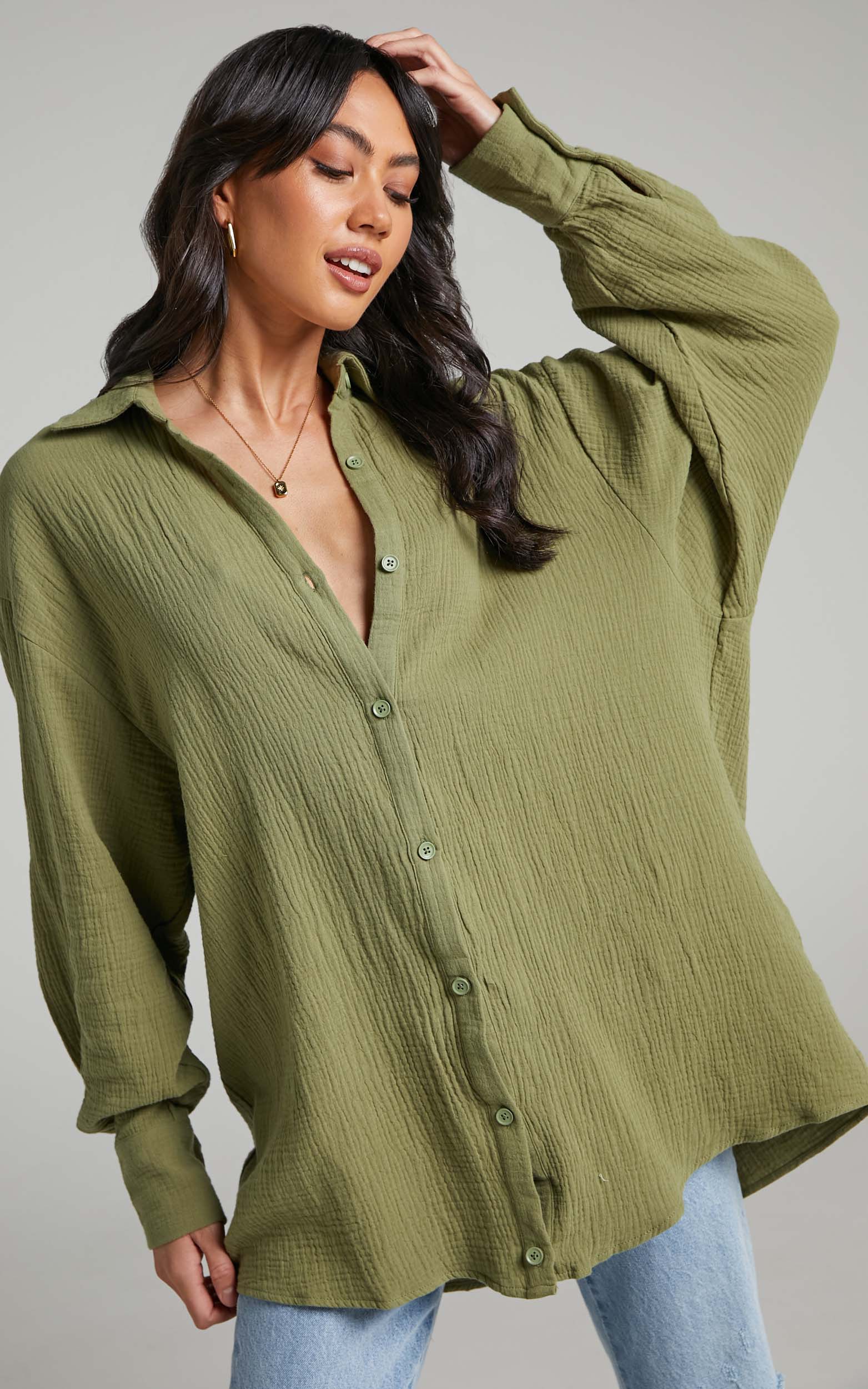 Yvaine Oversized Long Sleeve Button Up Shirt in Khaki
