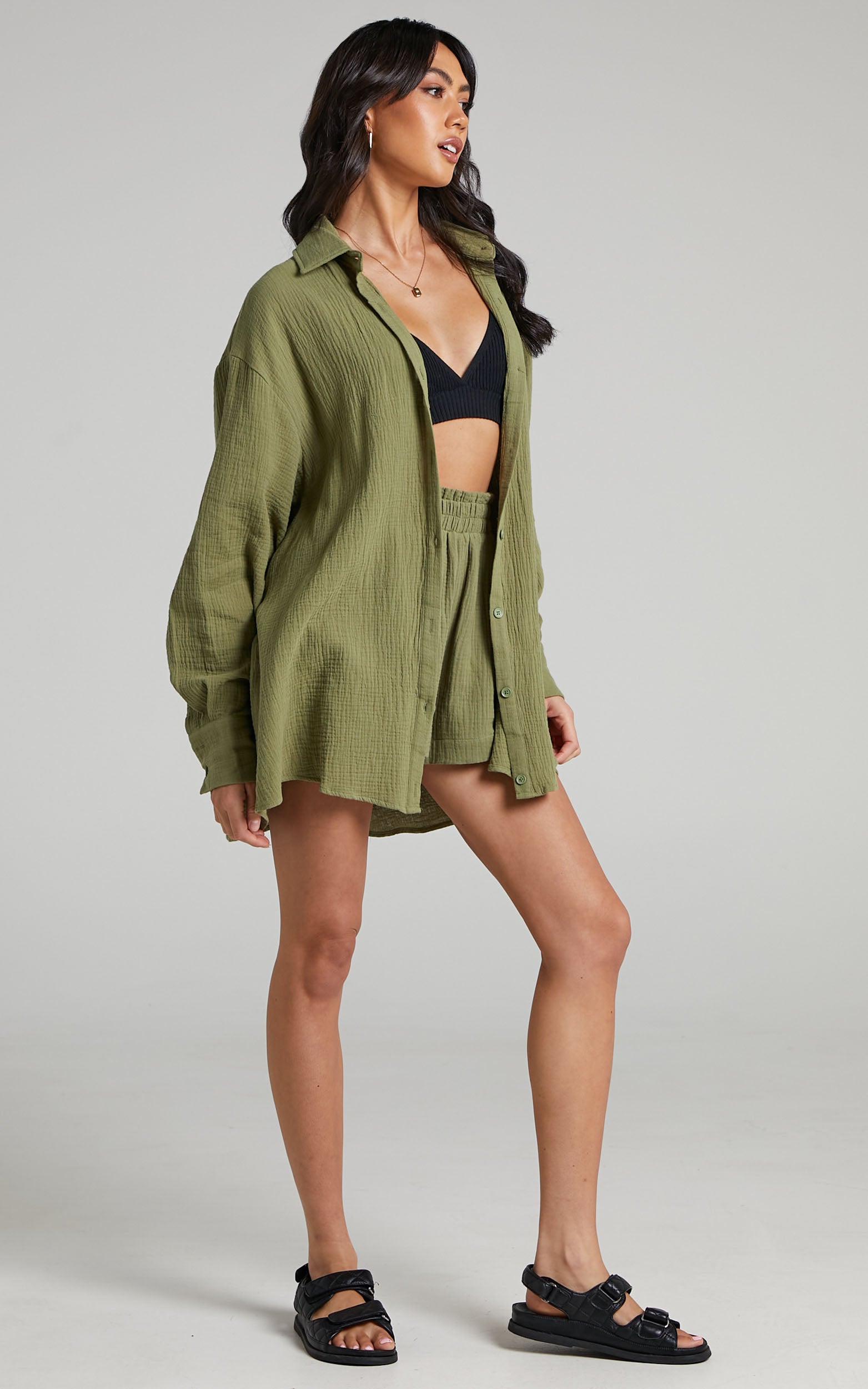 Yvaine Oversized Long Sleeve Button Up Shirt in Khaki