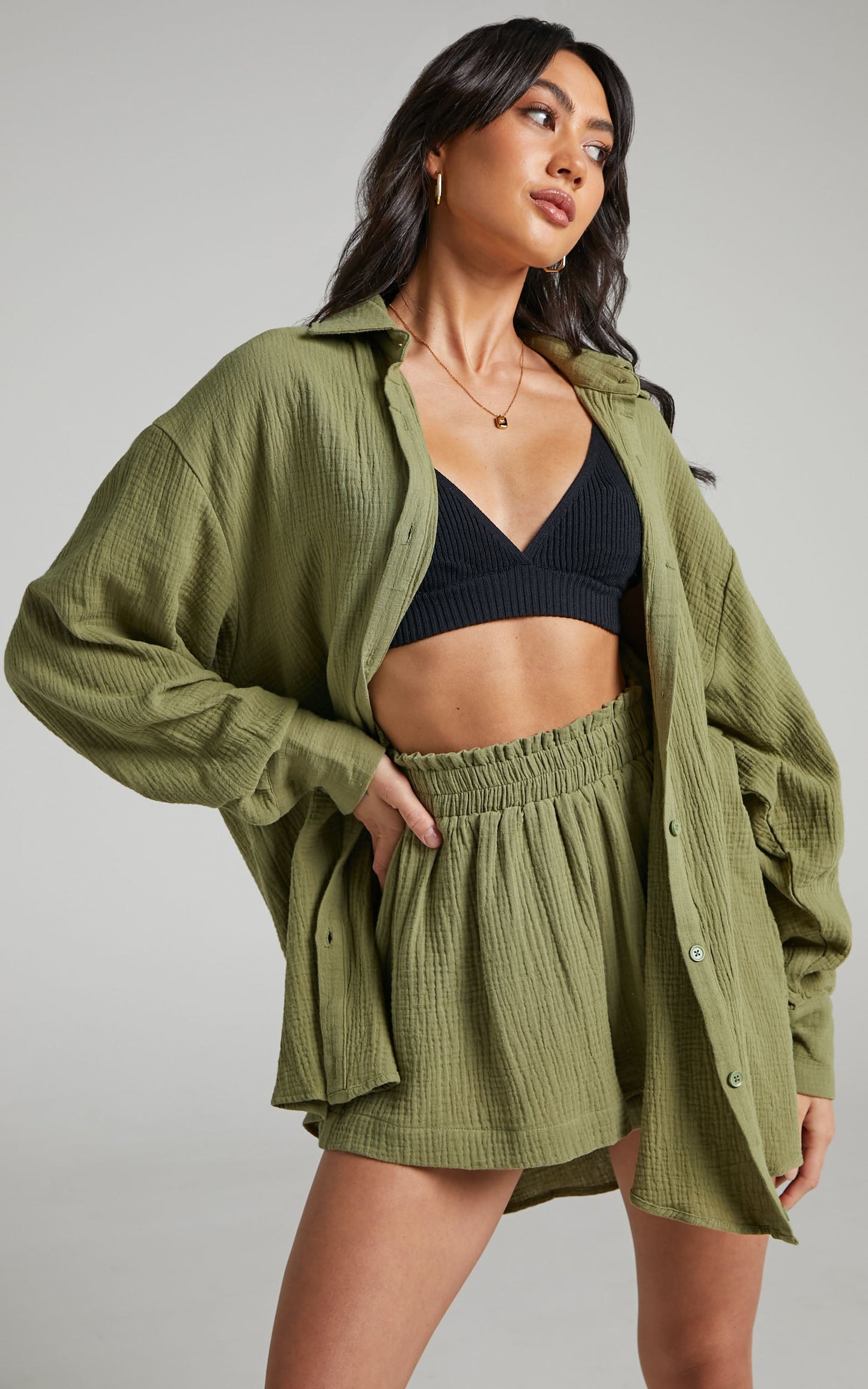 Yvaine Oversized Long Sleeve Button Up Shirt in Khaki
