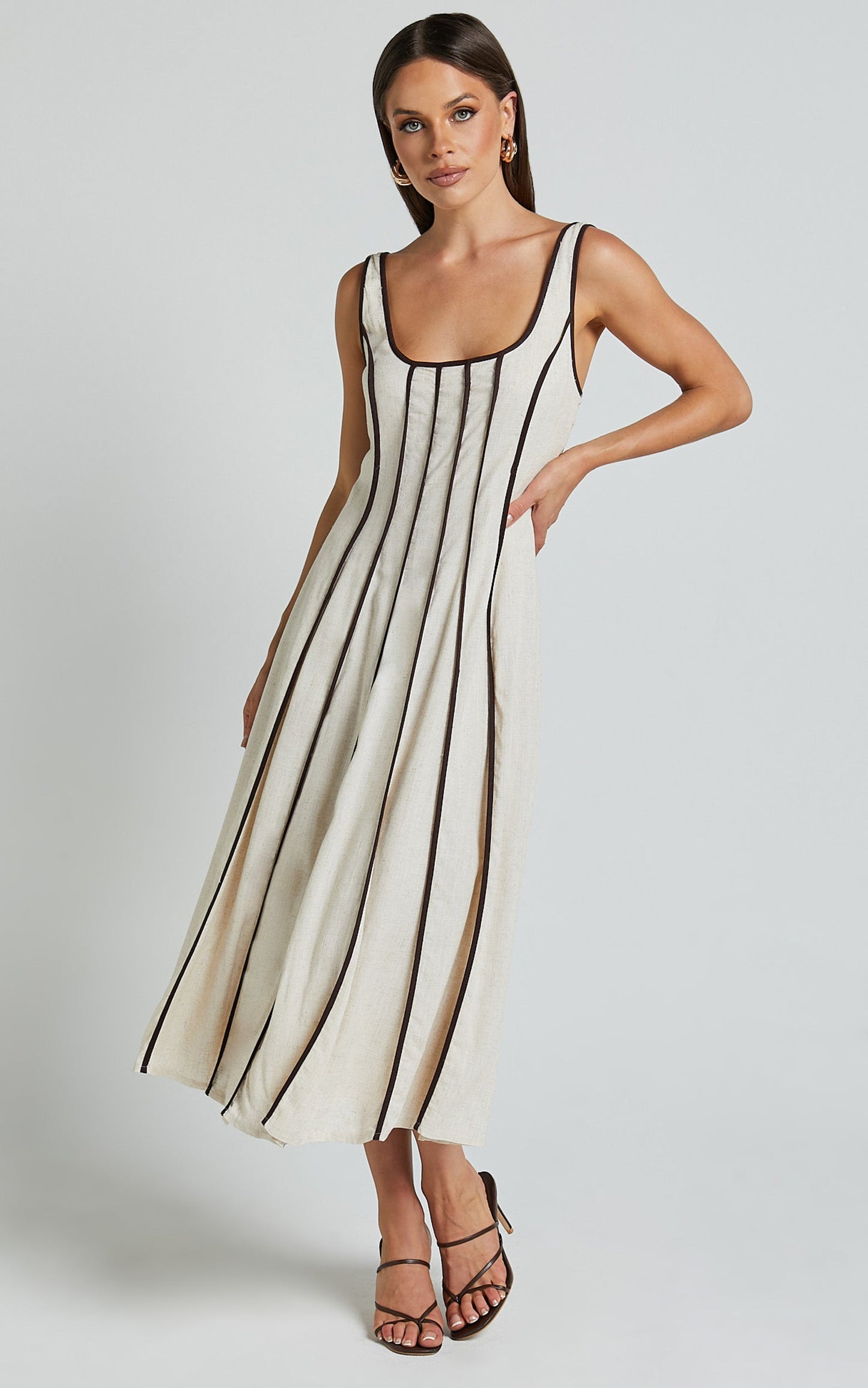 Yvette Midi Linen Blend Dress - Scoop Neck Sleeveless A Line Dress in Natural/Chocolate