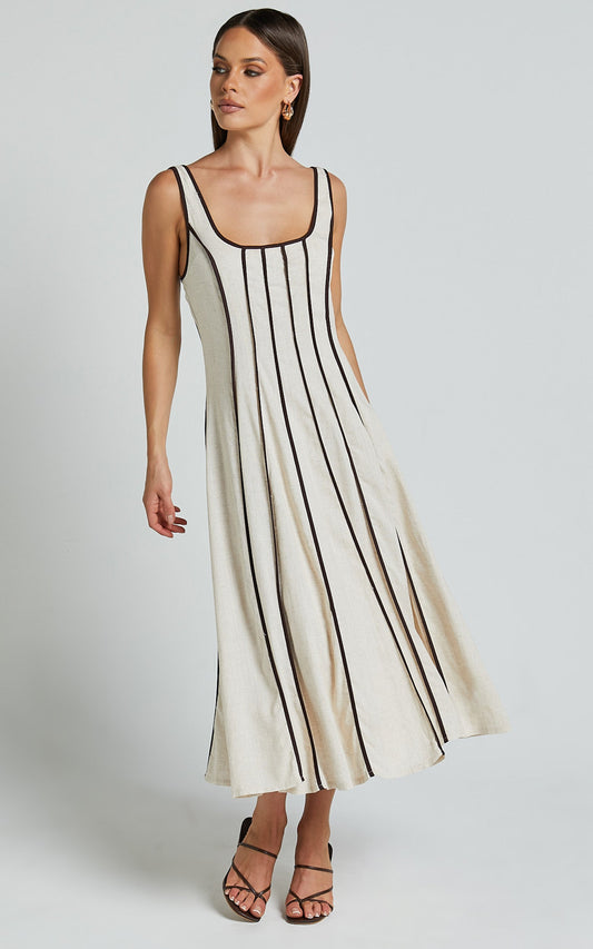 Yvette Midi Linen Blend Dress - Scoop Neck Sleeveless A Line Dress in Natural/Chocolate