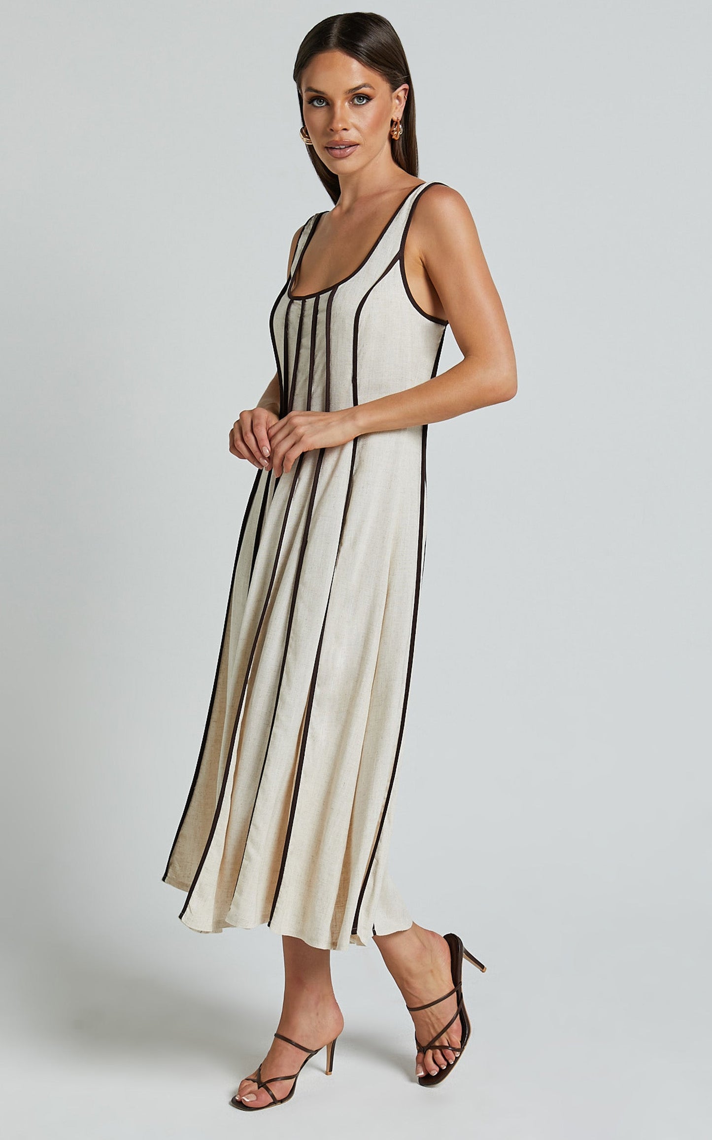 Yvette Midi Linen Blend Dress - Scoop Neck Sleeveless A Line Dress in Natural/Chocolate
