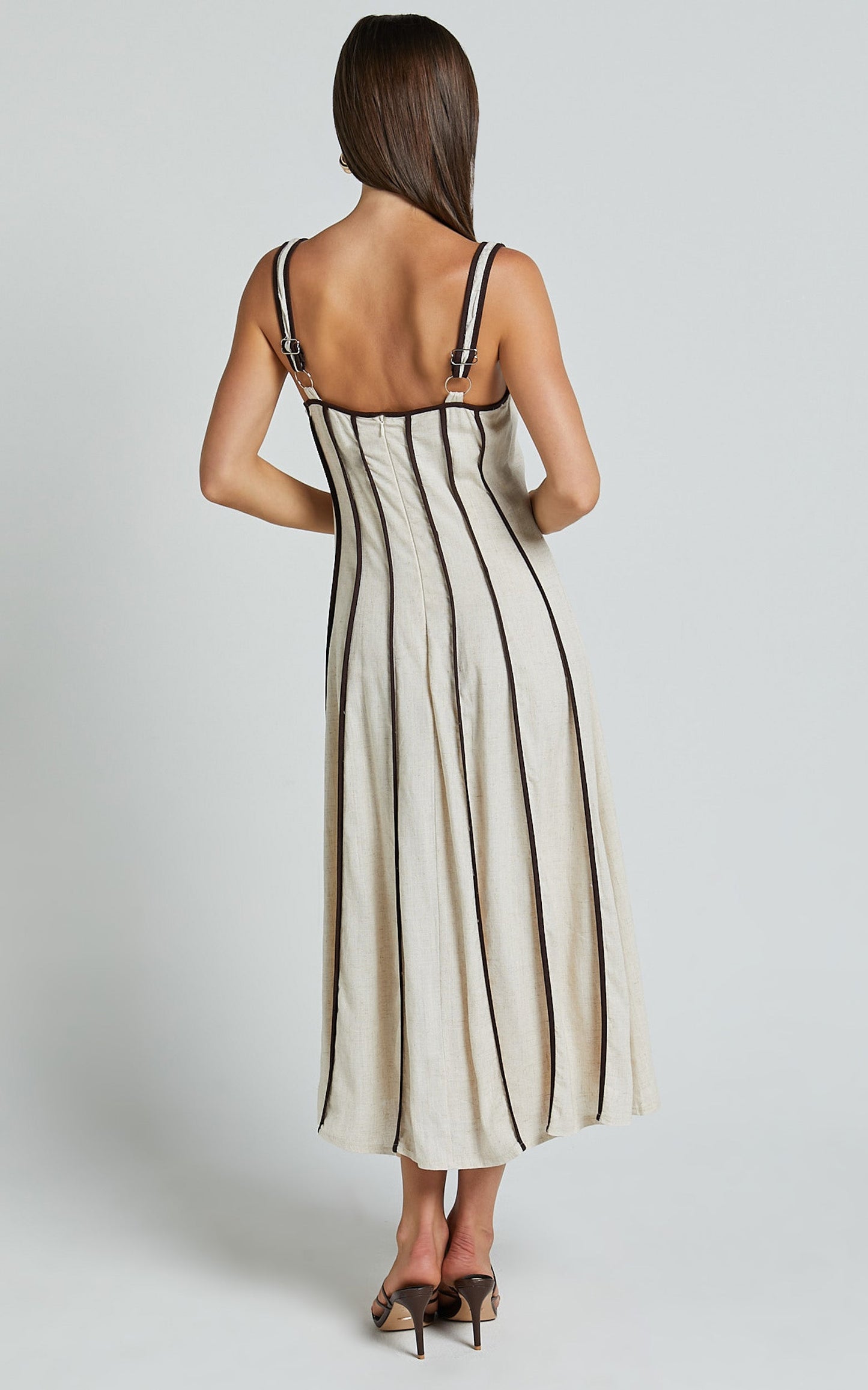 Yvette Midi Linen Blend Dress - Scoop Neck Sleeveless A Line Dress in Natural/Chocolate