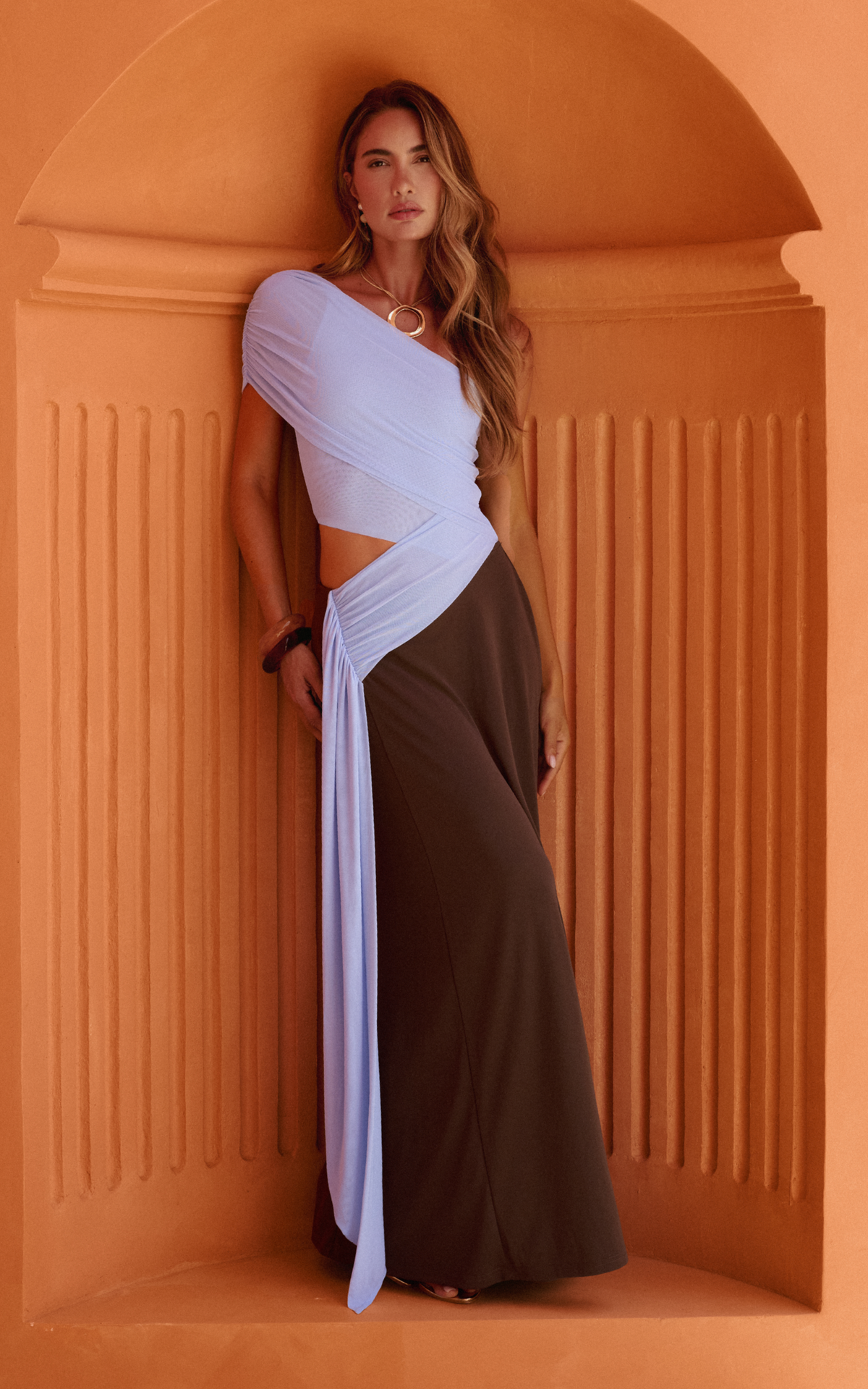 Arielle Maxi Dress - One Shoulder Sash Detail Cut Out Colour Block Dress in Blue/Chocolate Contrast