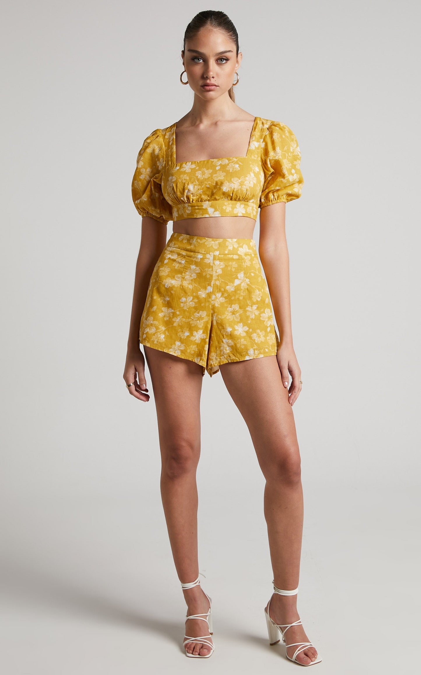 Zilda Two Piece Set -Linen Open Back Puff Sleeve Crop Top and High Waist Shorts Set in Yellow