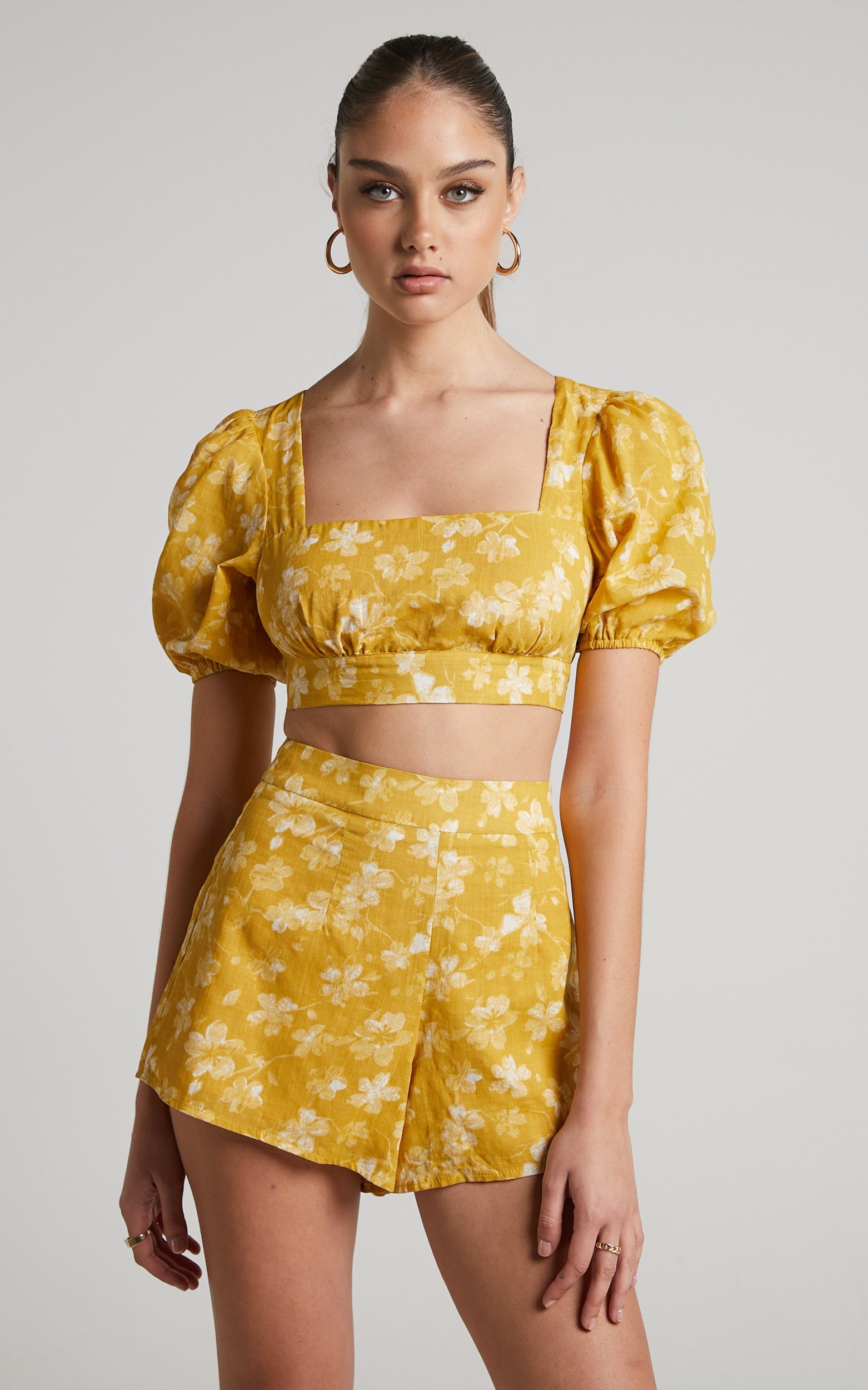 Zilda Two Piece Set -Linen Open Back Puff Sleeve Crop Top and High Waist Shorts Set in Yellow
