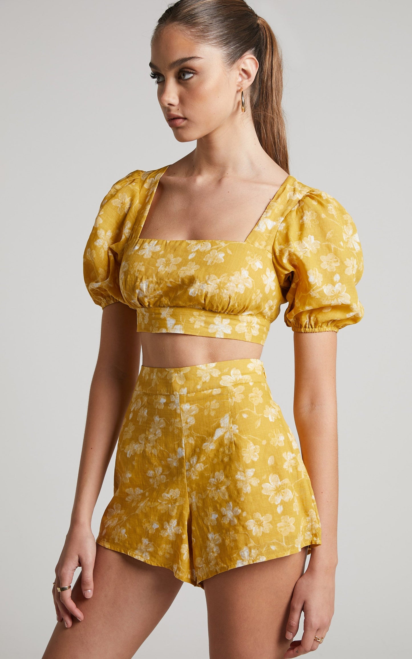 Zilda Two Piece Set -Linen Open Back Puff Sleeve Crop Top and High Waist Shorts Set in Yellow